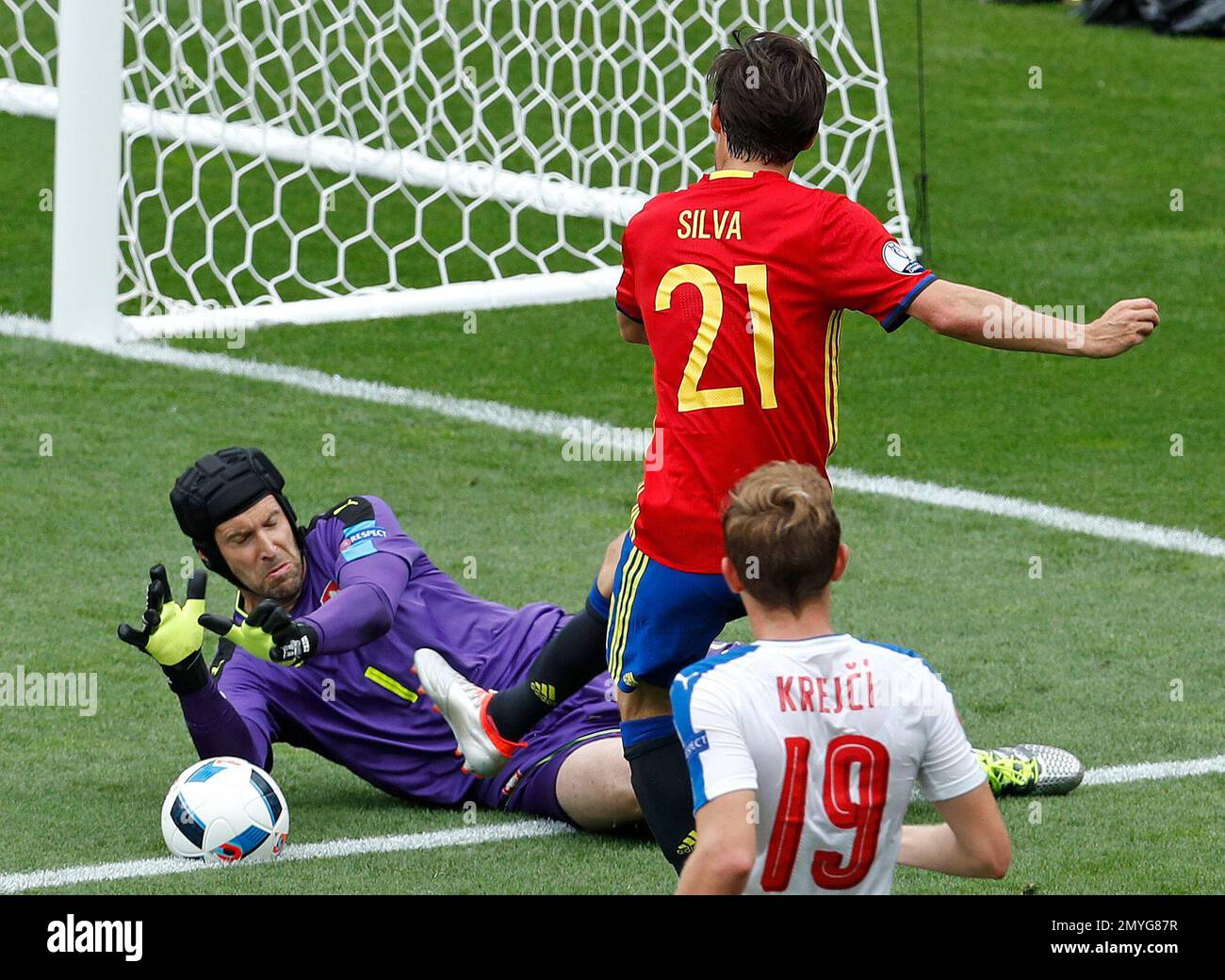 Czech Republic goalkeeper Petr Cech saves at the feet of Spain's David  Silva during the Euro 2016 Group D soccer match between Spain and the Czech  Republic at the Stadium municipal in