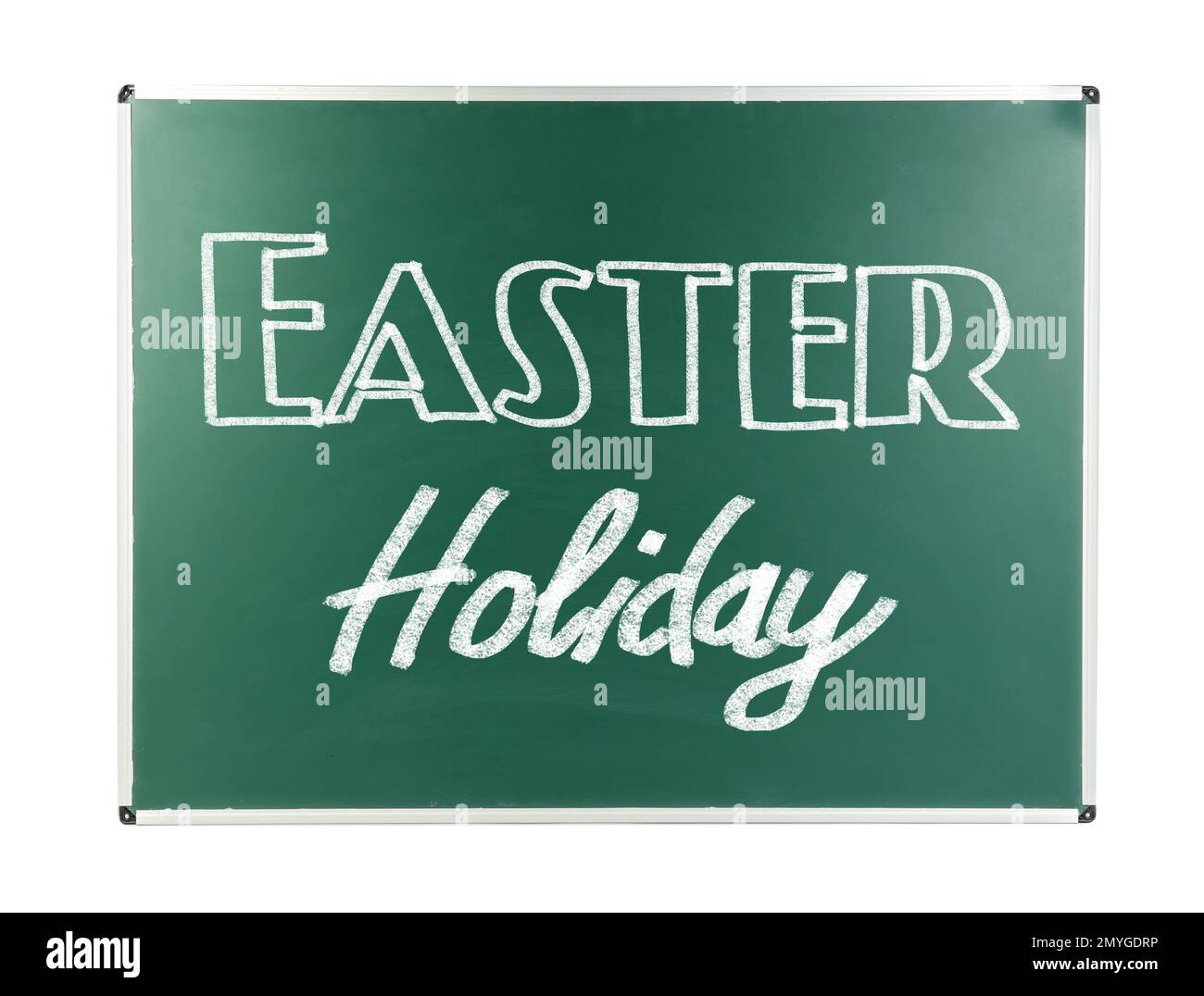 Green chalkboard with text Easter Holiday on white background. School