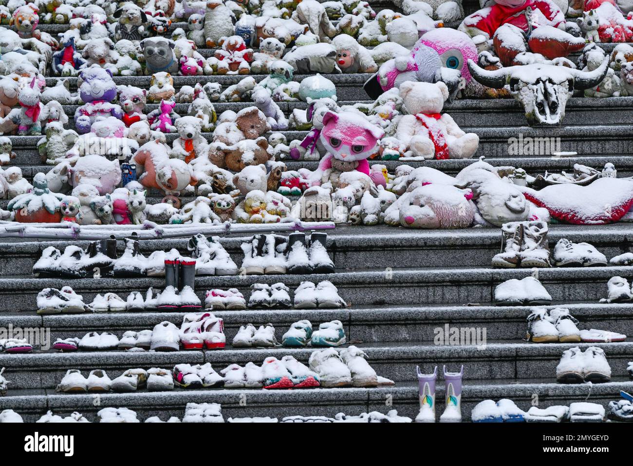 Snow on Stuffed toys and children's shoes, Every Child Matters