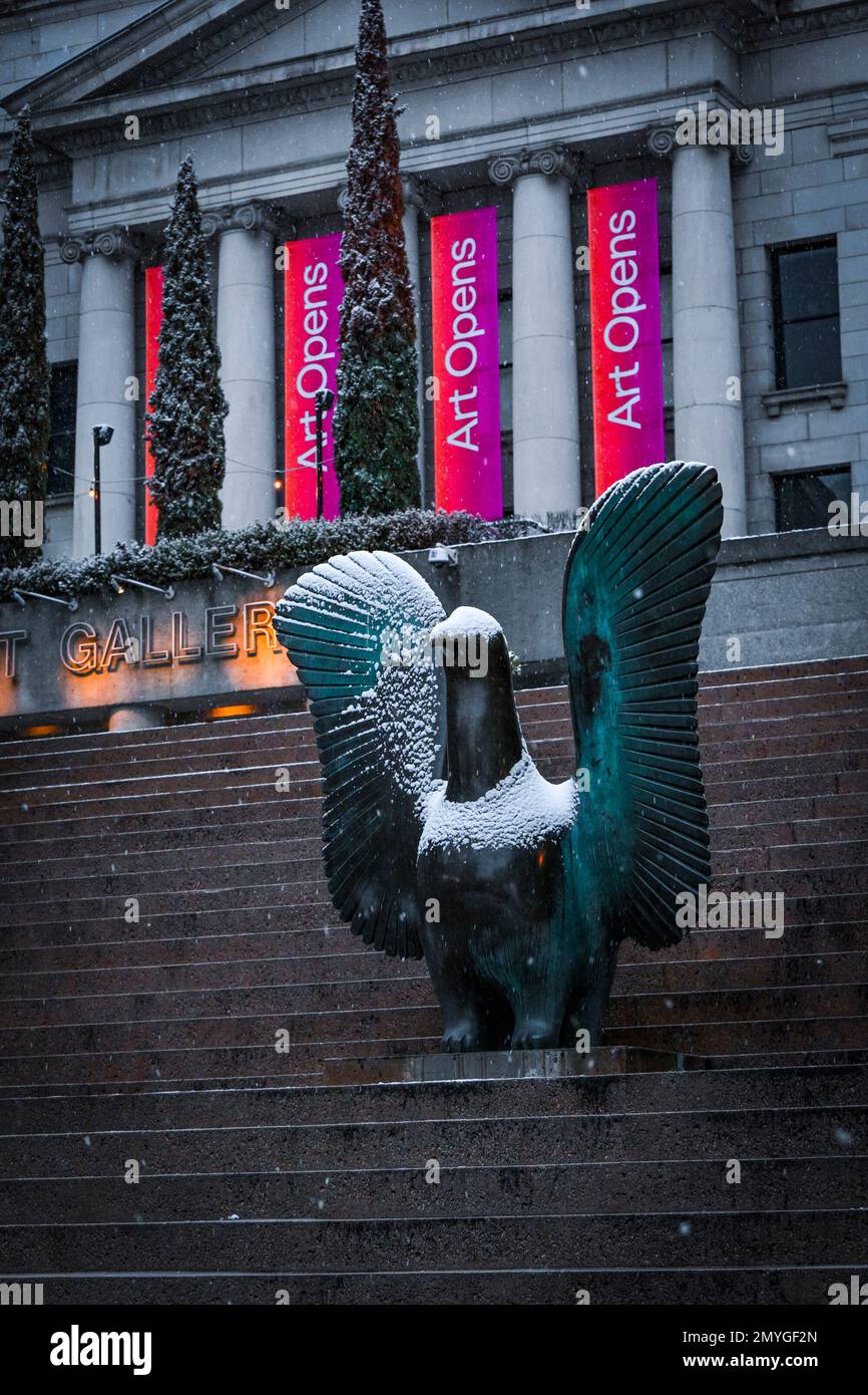 Bird of Spring sculpture, by Abraham Etungat, Robson Square, Vancouver, British Columbia, Canada Stock Photo