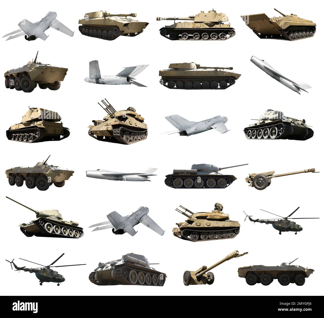 Set of different military machinery on white background Stock Photo - Alamy