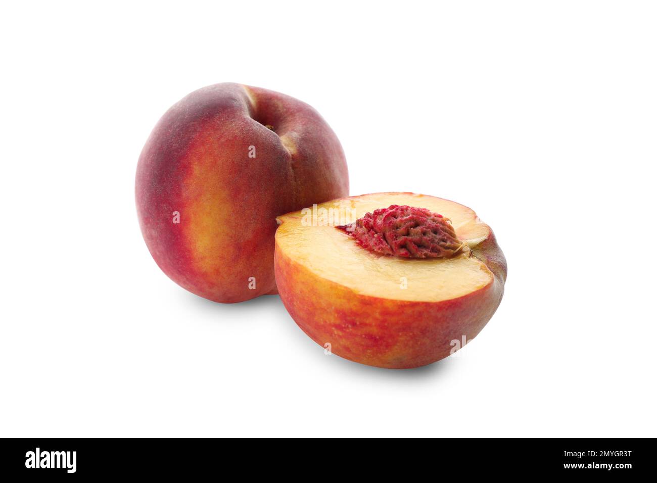 Whole and cut ripe peaches isolated on white Stock Photo - Alamy