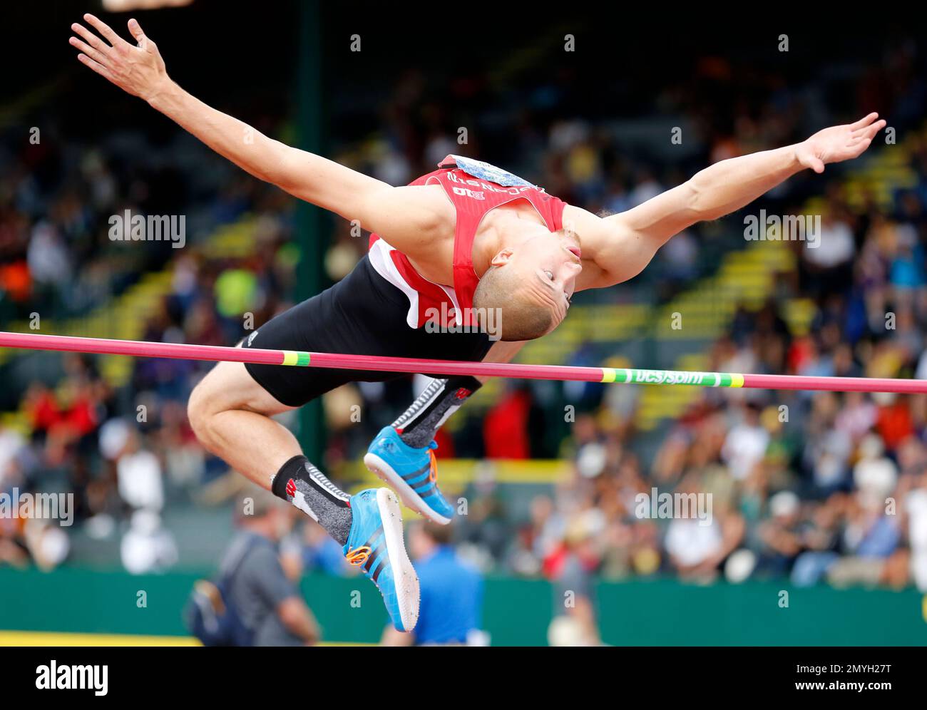 Wisconsin's Zach Ziemek competes in the decathlon high jump at the NCAA
