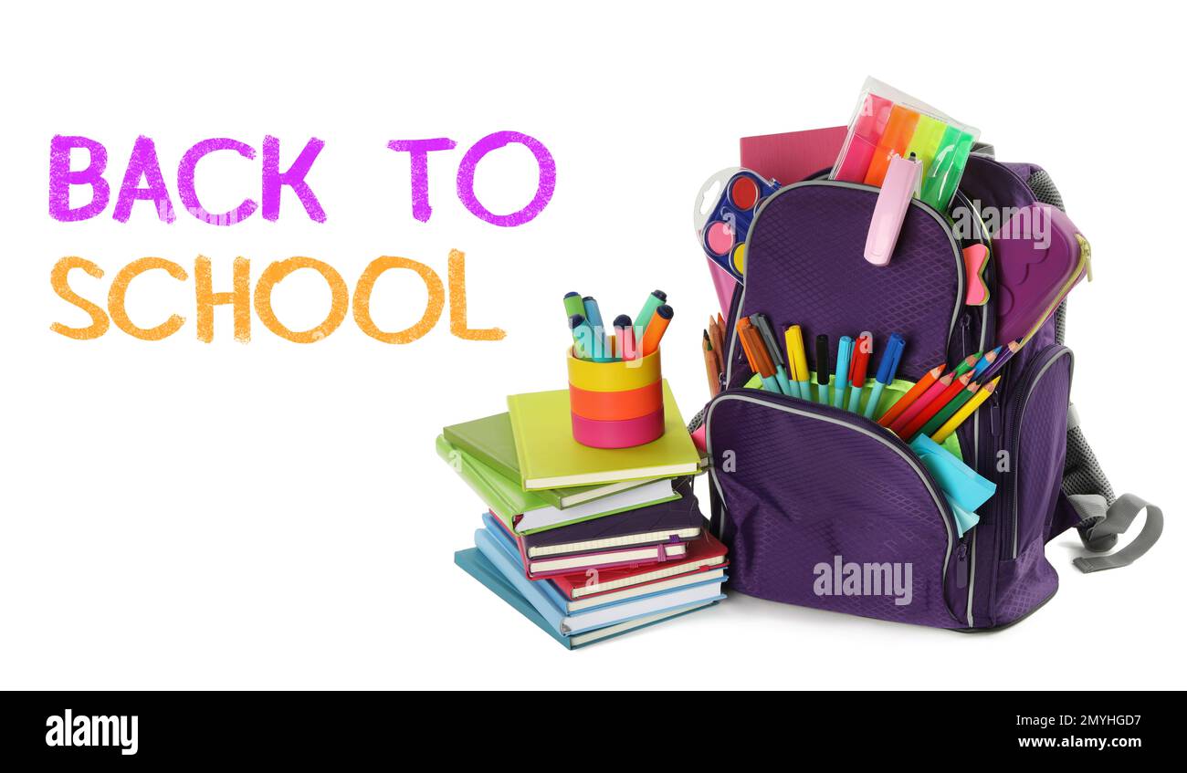 Text Back To School and backpack with different stationery on white background Stock Photo