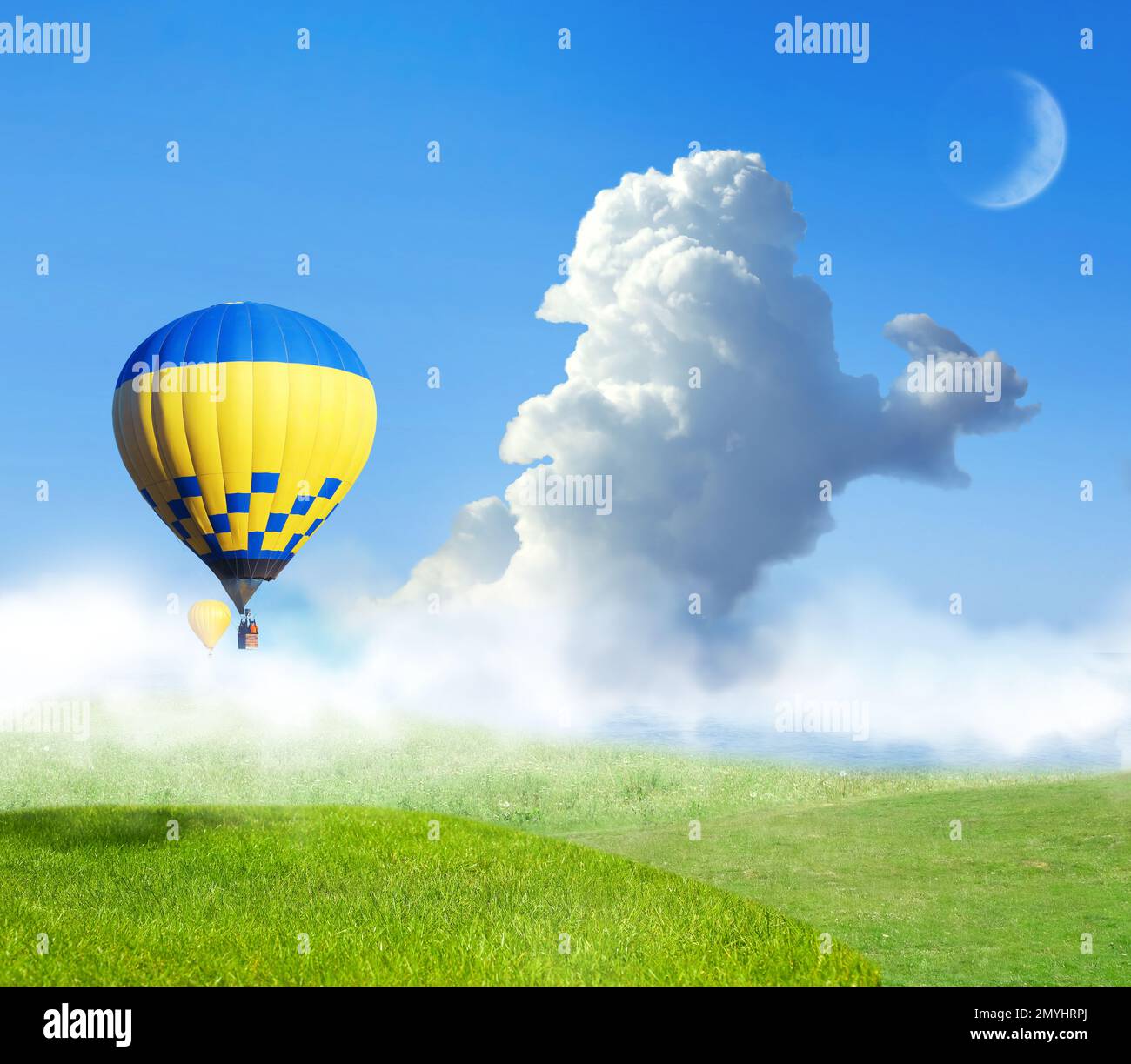 Fantastic dreams. Hot air balloons in blue sky with clouds and crescent