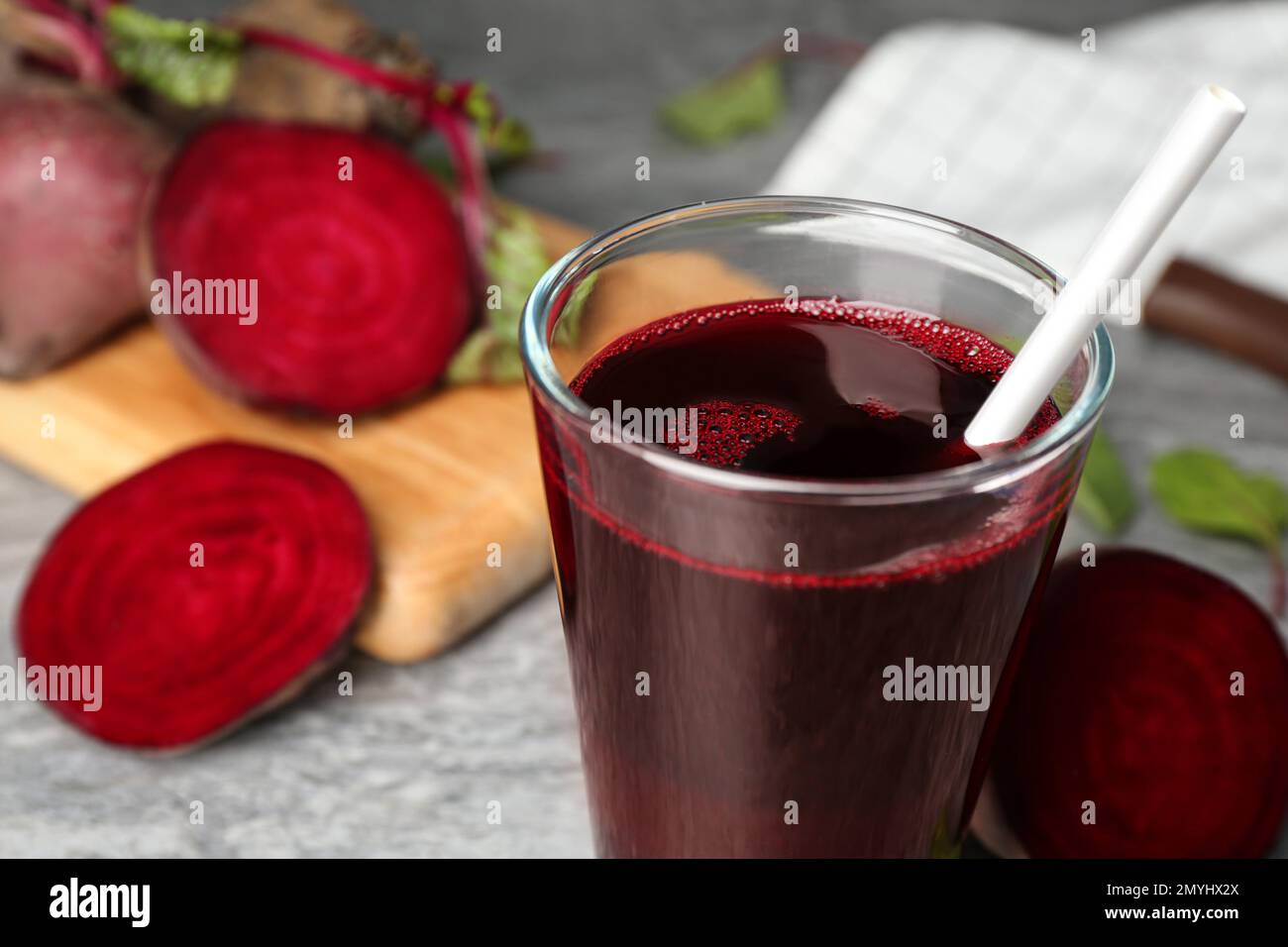 Freshly made beet juice on table, closeup Stock Photo