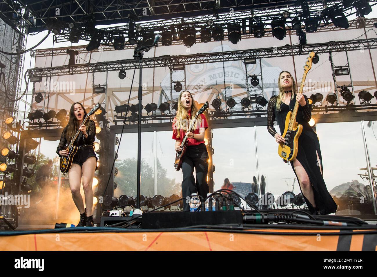 Alana Haim, from left, Danielle Haim, Este Haim of HAIM perform at Bunbury Music Festival at