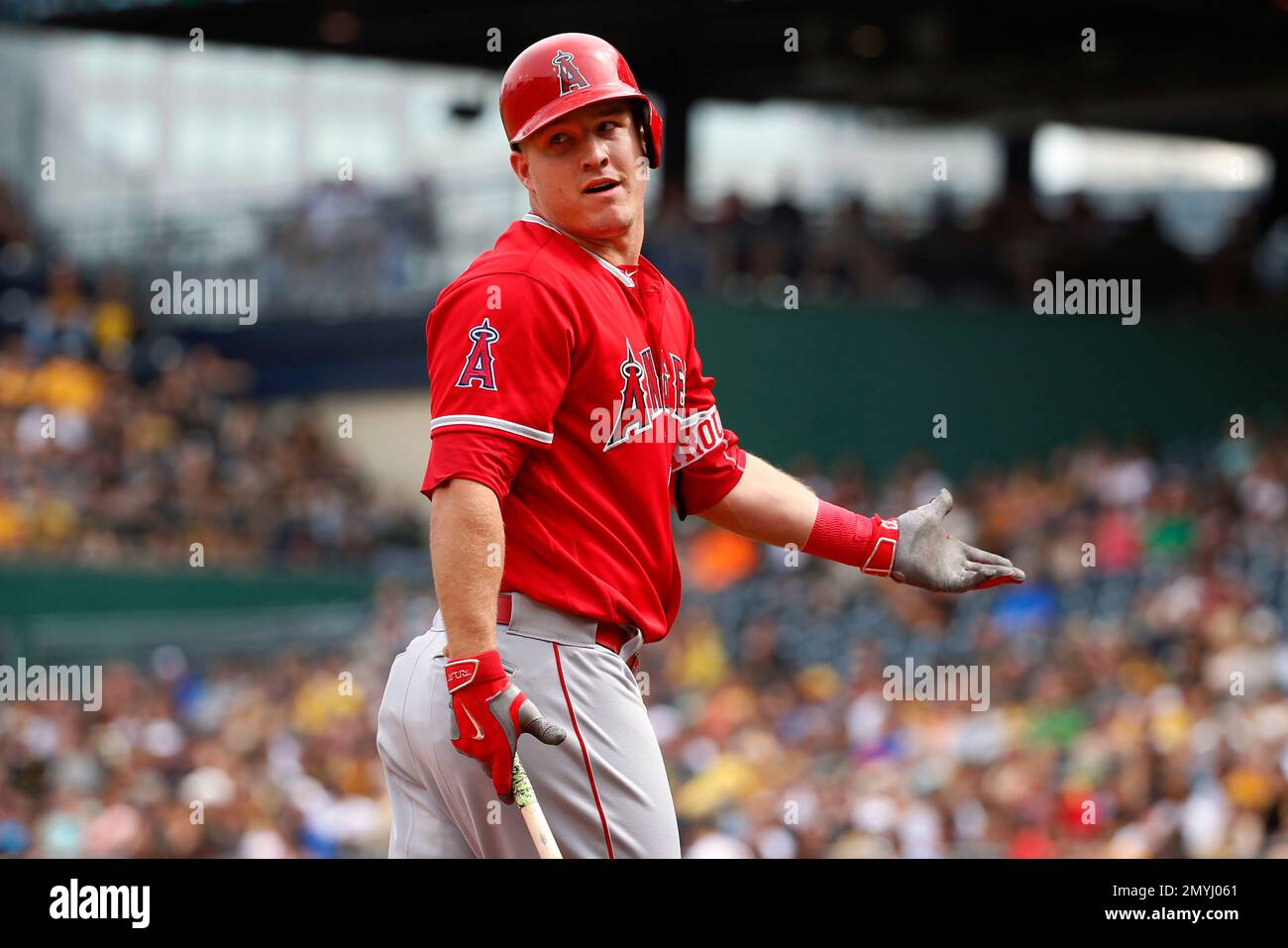 Los Angeles Angels' Mike Trout questions home plate umpire Bob Davidson