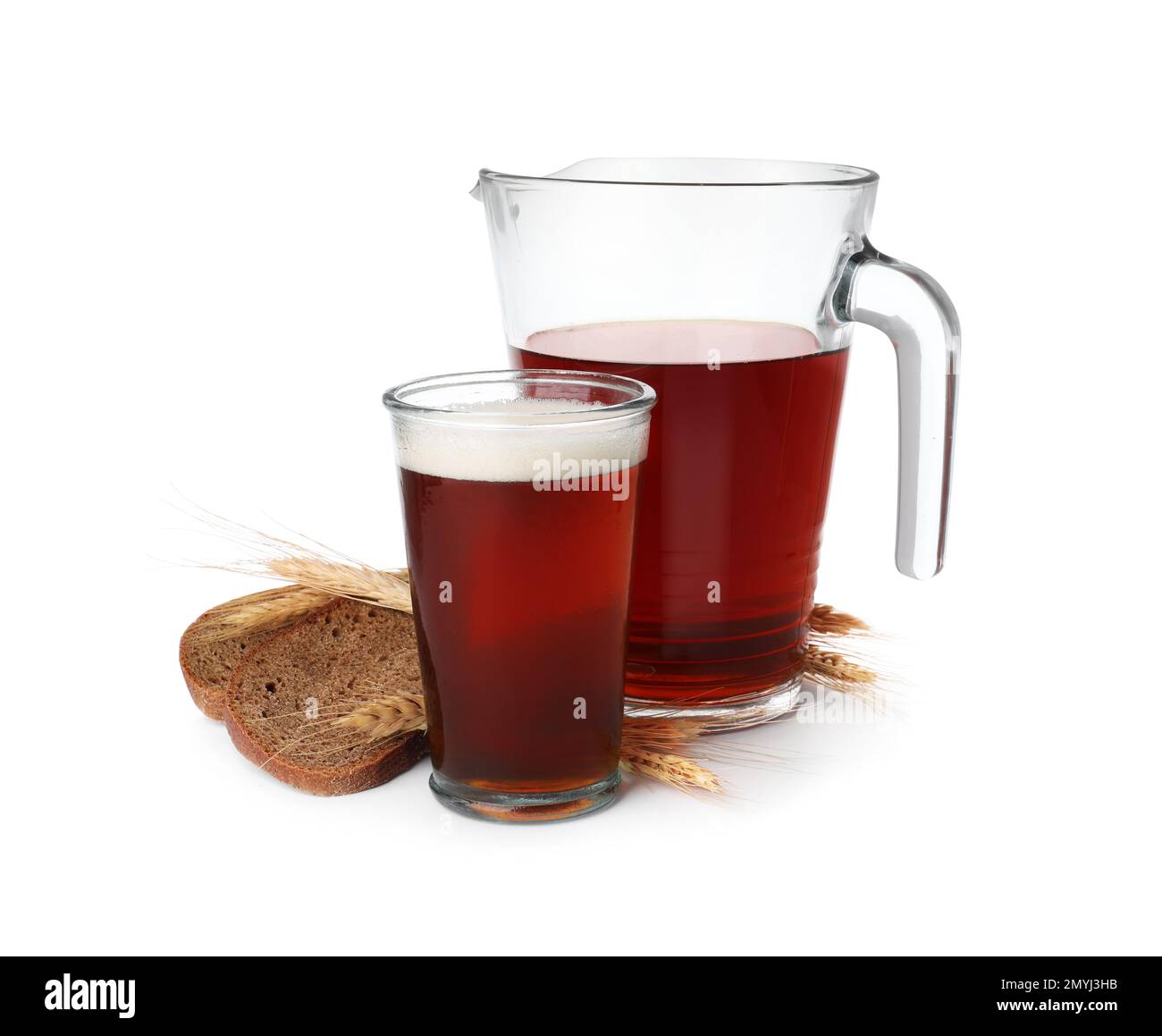 Delicious kvass, bread and spikes on white background Stock Photo Alamy