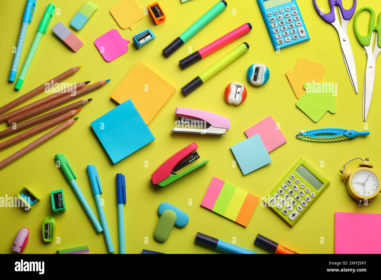School stationery on yellow background, flat lay. Back to school Stock ...