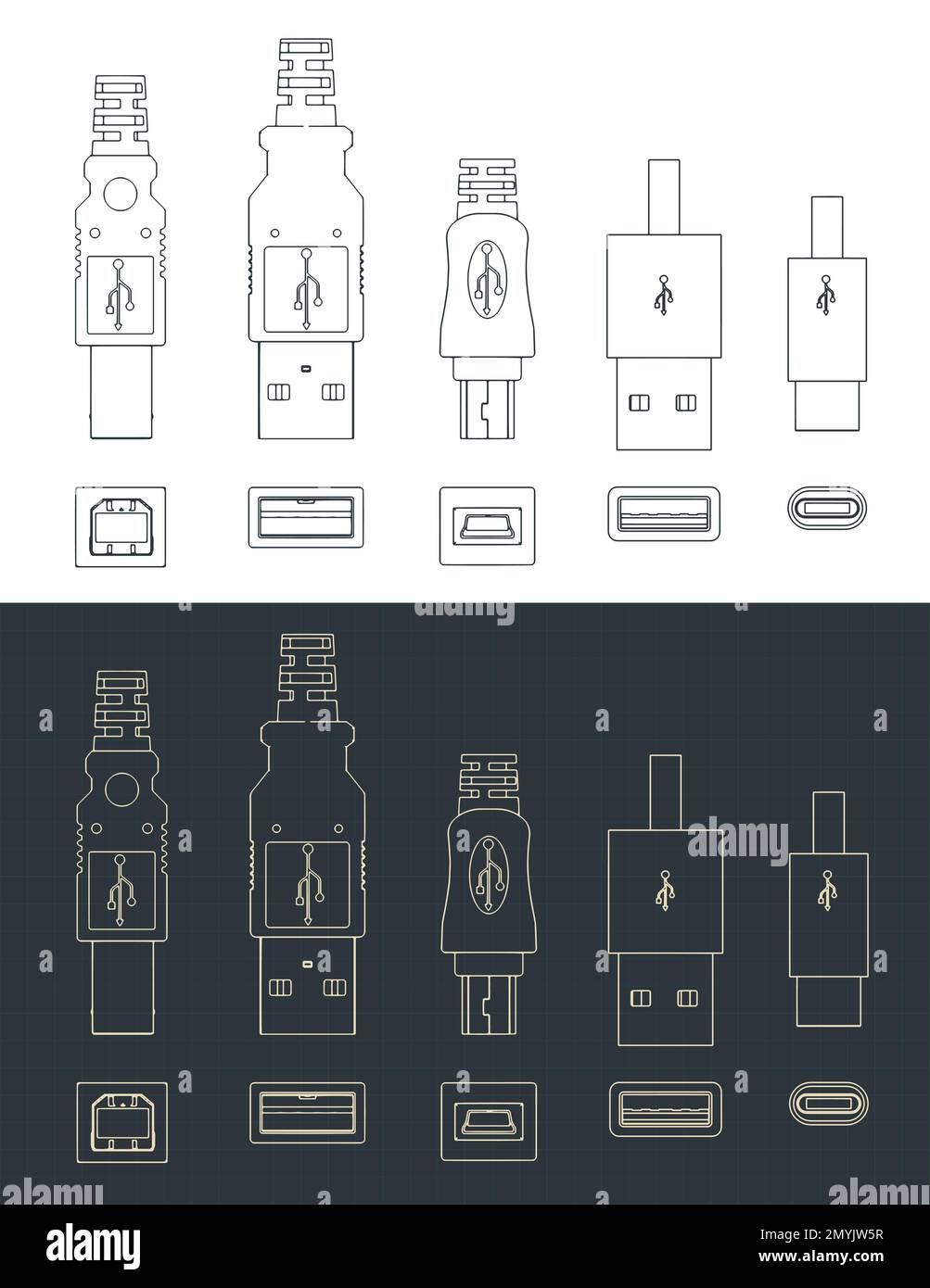Stylized vector illustrations of blueprints of USB plug set Stock Vector