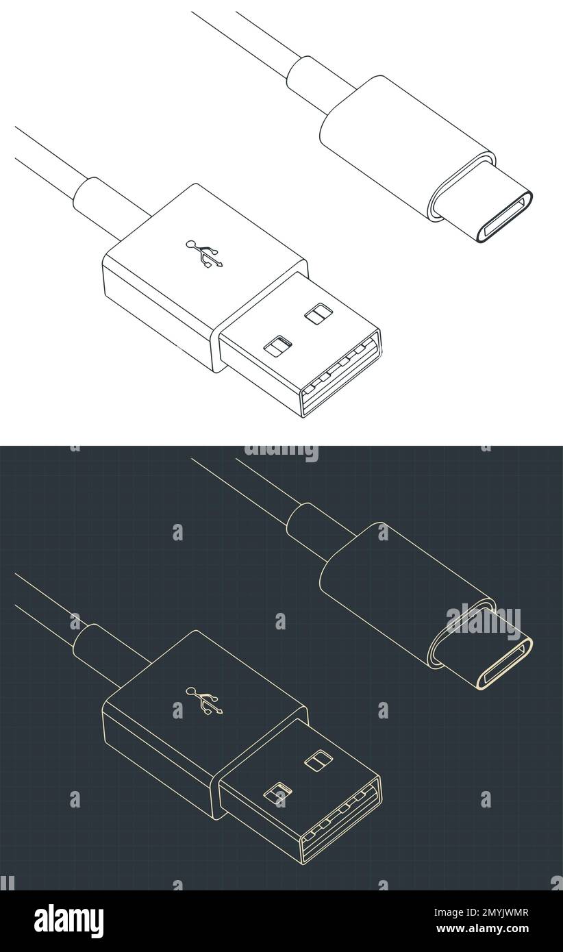 Stylized vector illustrations of blueprints of USB type-A to USB type-C cable Stock Vector
