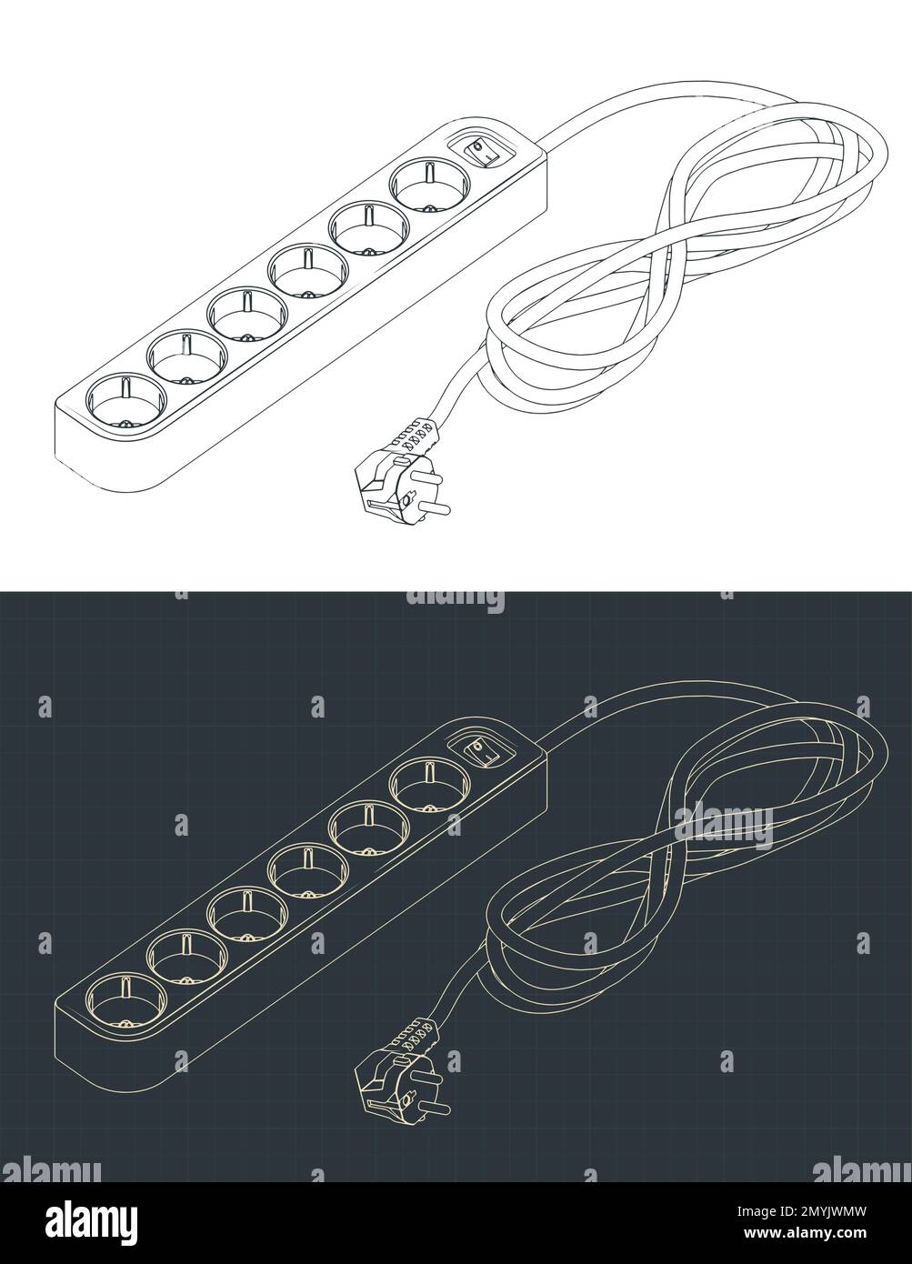 Stylized vector illustrations of isometric blueprints of extension cord with 6 sockets outlet earthed Stock Vector