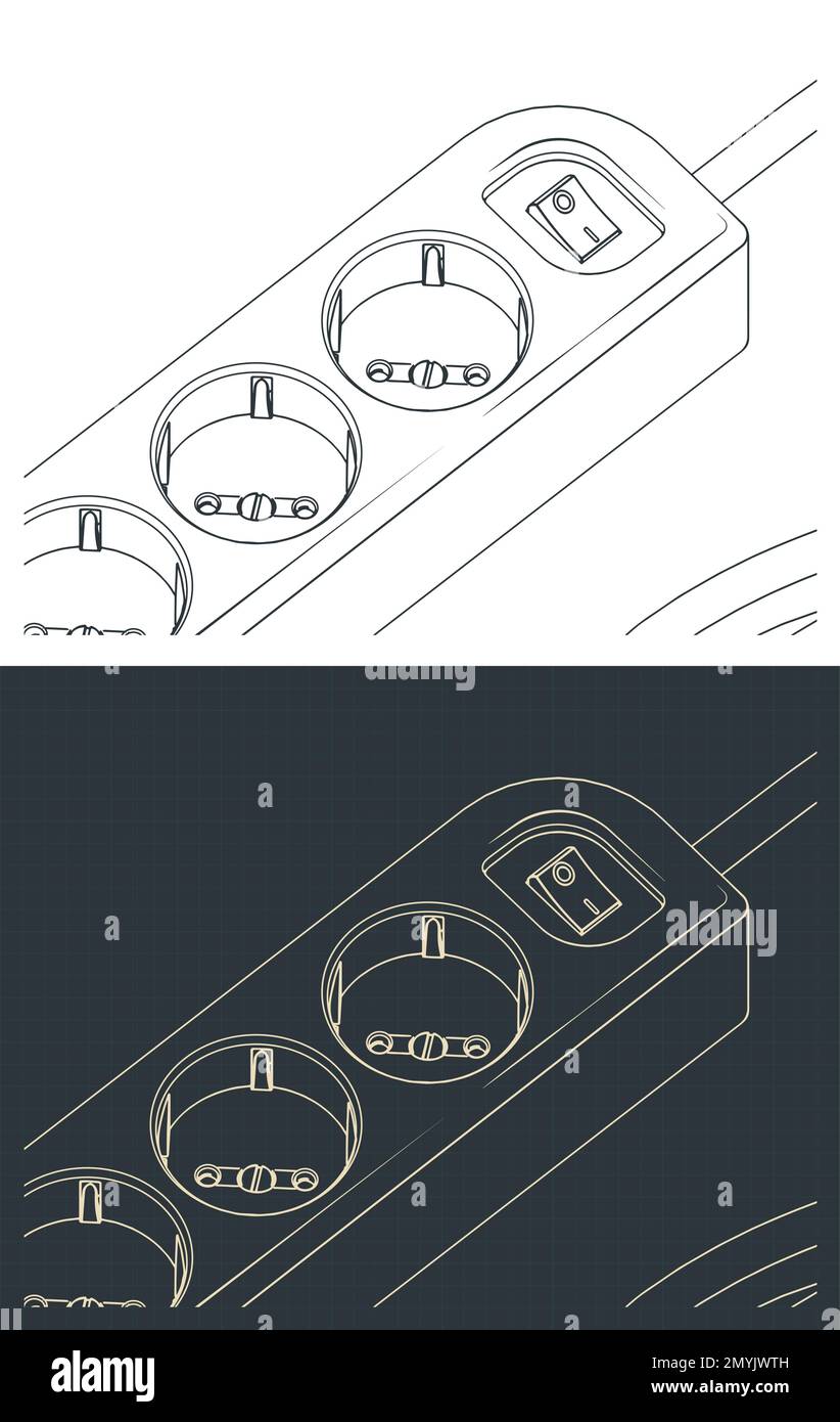 Stylized vector illustrations of isometric drawings of extension cord with 6 sockets outlet earthed close up Stock Vector