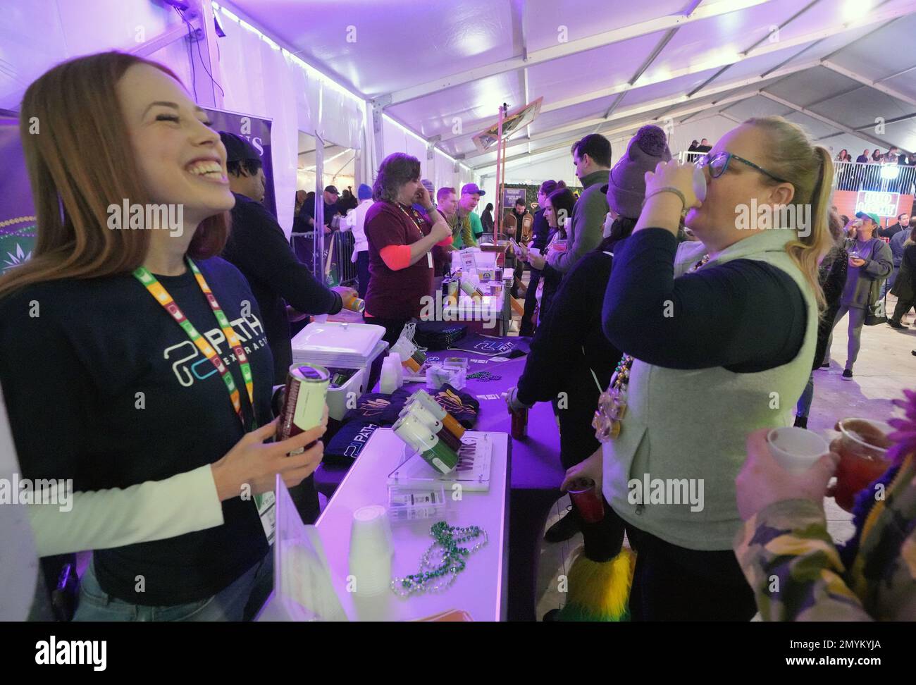 St. Louis, United States. 04th Feb, 2023. Sales people encourage customers to sample a Wynk Cannabis Infused seltzer during the St. Louis Mardi Gras 4th Estate Cooking Competition in St. Louis on Saturday, February 4, 2023. Several employees manned the booth to pass out samples of the non- alcoholic drink, laced with THC, one day after Missouri legalized the sale of recreational cannabis. Photo by Bill Greenblatt/UPI Credit: UPI/Alamy Live News Stock Photo