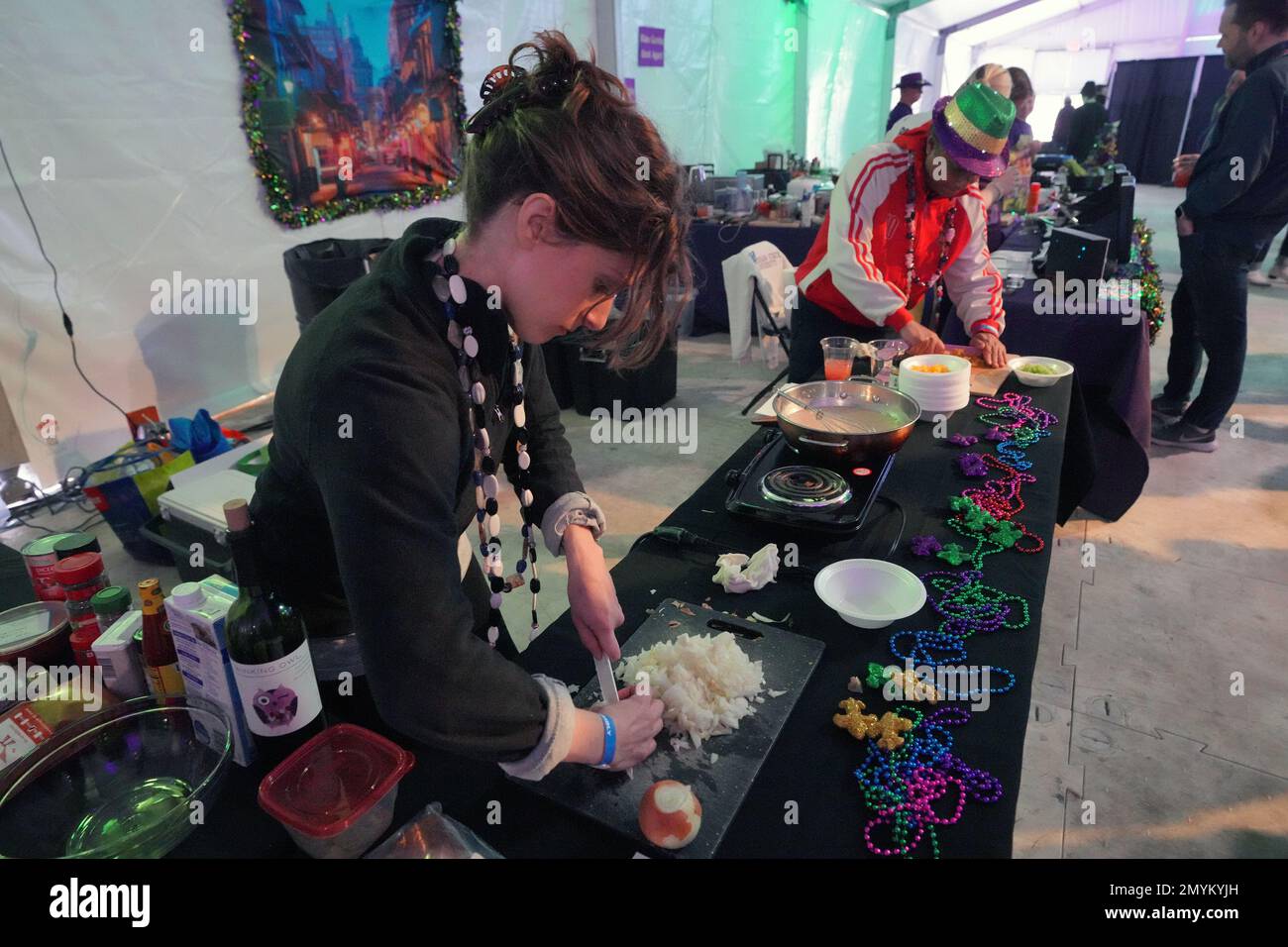 St. Louis, United States. 04th Feb, 2023. Chefs prepare cajun food for the crowds, at the St. Louis Mardi Gras 4th Estate Cooking Competition in St. Louis on Saturday, February 4, 2023. Cajun foods of all types will be available during the Mardi Grad parade celebration on February 18, 2023. Photo by Bill Greenblatt/UPI Credit: UPI/Alamy Live News Stock Photo