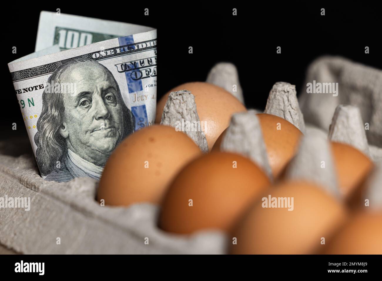 concept image using USA currency and fresh eggs for the price of eggs