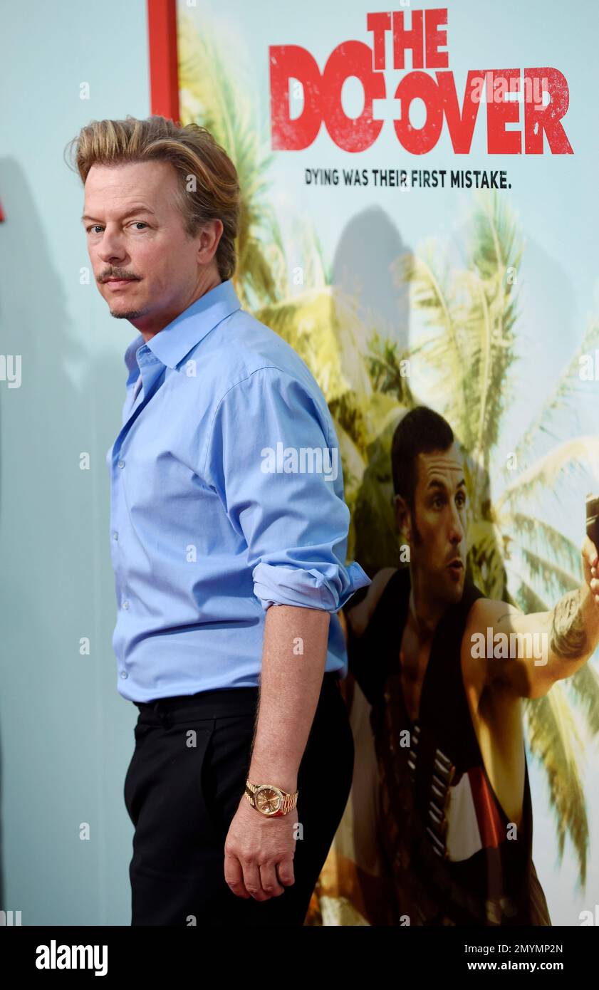 David Spade, a cast member in "The Do-Over," poses at the premiere of the film at the Regal LA Live theaters on Monday, May 16, 2016, in Los Angeles. (Photo by Chris Pizzello/Invision/AP) Stock Photo