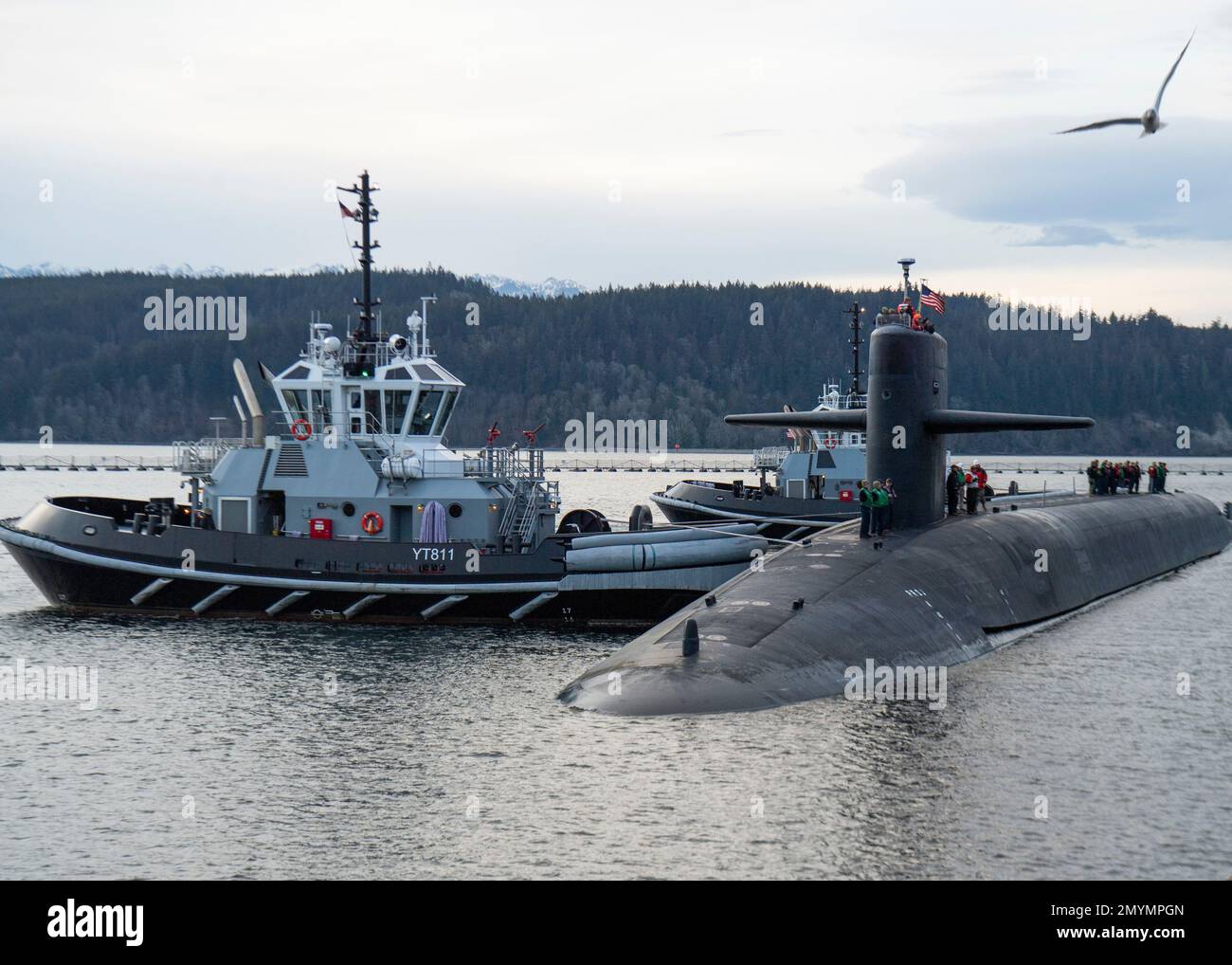 230202-N-CE703-1022    HOOD CANAL, Wash. (Feb. 2, 2023) – The Ohio-class ballistic missile submarine USS Maine (SSBN 741) transits the Hood Canal in preparation to moor at Naval Base Kitsap – Bangor, Washington, Feb. 3, 2023. Maine is one of eight ballistic-missile submarines stationed at Naval Base Kitsap-Bangor, providing the most survivable leg of the strategic deterrence triad for the United States. (U.S. Navy photo by Mass Communication Specialist 2nd Class Ian Zagrocki) Stock Photo