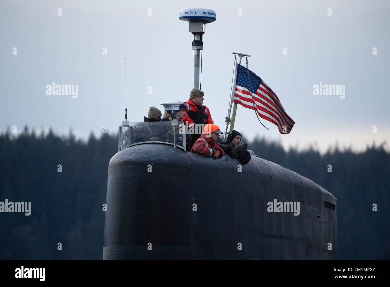 230202-N-CE703-1075    HOOD CANAL, Wash. (Feb. 2, 2023) – The Ohio-class ballistic missile submarine USS Maine (SSBN 741) transits the Hood Canal in preparation to moor at Naval Base Kitsap – Bangor, Washington, Feb. 3, 2023. Maine is one of eight ballistic-missile submarines stationed at Naval Base Kitsap-Bangor, providing the most survivable leg of the strategic deterrence triad for the United States. (U.S. Navy photo by Mass Communication Specialist 2nd Class Ian Zagrocki) Stock Photo
