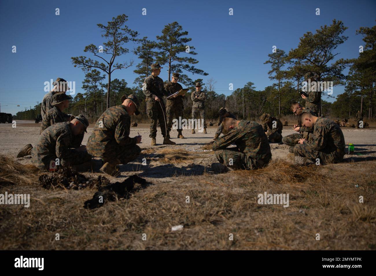 U.S. Marine Corps Sgt. Michael Graf, squad leader, 3rd Battalion, 25th Marine Regiment, 4th Marine Division (MARDIV), Marine Forces Reserve, conducts an evaluated brief over a terrain model as part of the 4th MARDIV Rifle Squad Competition on Marine Corps Base (MCB) Camp Lejeune, North Carolina, Jan. 28, 2023. The three-day event tested the Marines across a variety of infantry skills to determine the most combat effective rifle squad within the 4th MARDIV. MCB Camp Lejeune training facilities allow warfighters to be ready today and prepare for tomorrow’s fight. (U.S. Marine Corps Photo by Cpl. Stock Photo