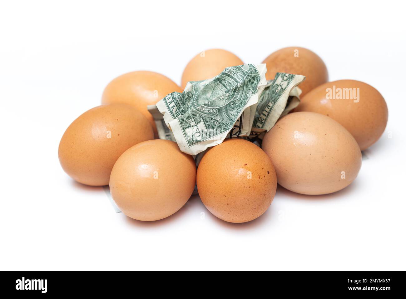 pile of fresh eggs with crumbled american dollar bills on top as a