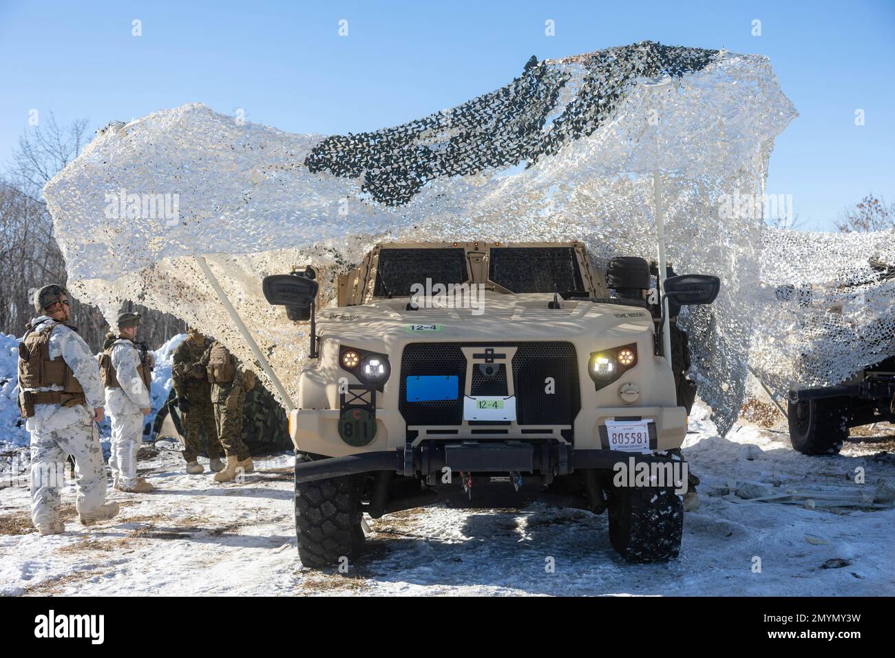 U.S. Marines with 3d Battalion, 12th Marines use artic-camouflage nets to conceal a Joint Light Tactical Vehicle during Artillery Relocation Training Program 22.4 at the Yausubetsu Maneuver Area, Hokkaido, Japan, Jan. 30, 2023. The skills developed at ARTP increase the proficiency and readiness of the only permanently forward-deployed artillery unit in the Marine Corps, enabling them to provide precision indirect fires. (U.S. Marine Corps photo by Lance Cpl. Jaylen Davis.) Stock Photo