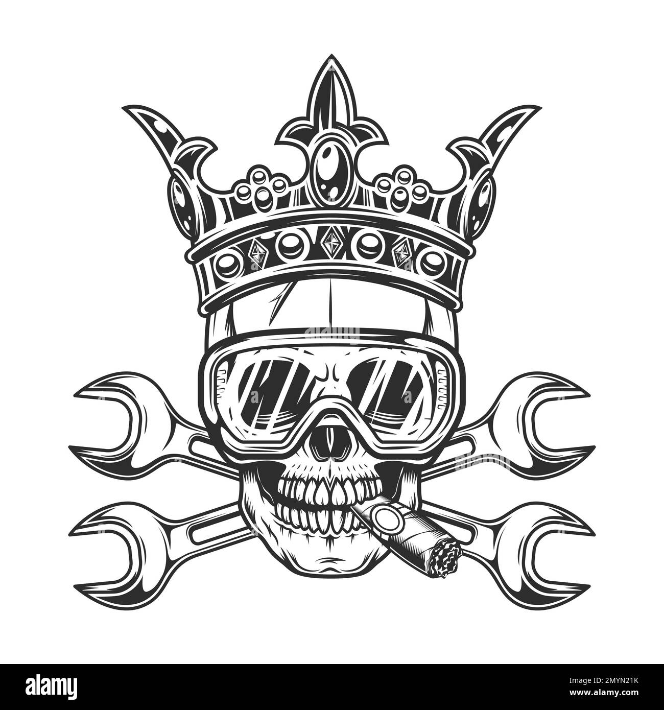 Vintage skull in glasses smoking cigar or cigarette smoke with body shop service car and truck mechanic repair tool crossed wrench or construction Stock Vector