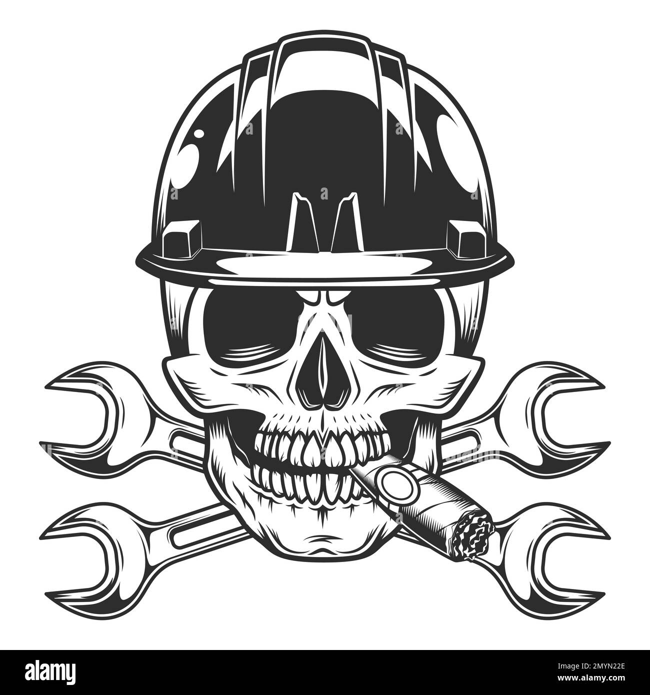 Vintage skull smoking cigar or cigarette smoke in hard hat helmet with body shop service car and truck mechanic repair tool crossed wrench Stock Vector