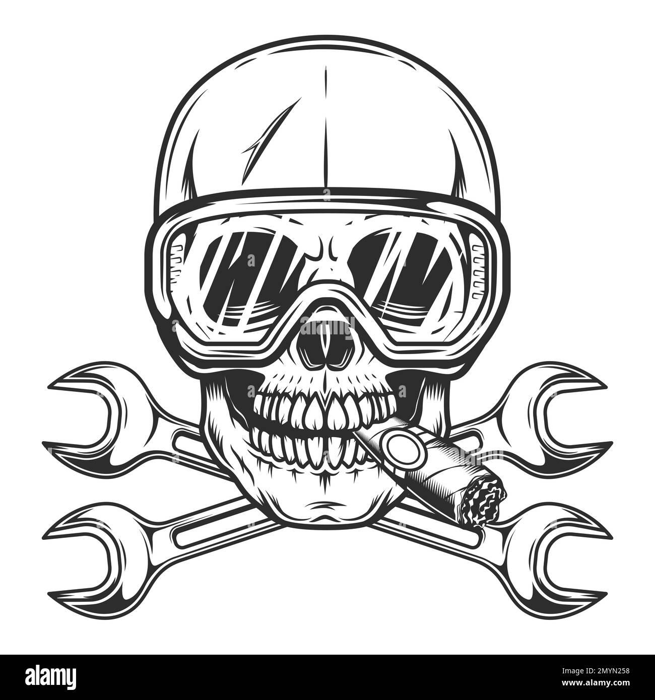 Vintage skull smoking cigar or cigarette smoke in glasses with body shop service car and truck mechanic repair tool crossed wrench or construction Stock Vector