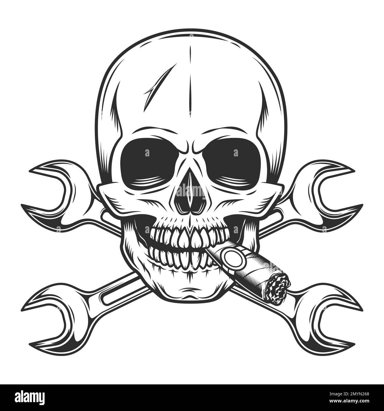 Vintage skull smoking cigar or cigarette smoke with body shop service car and truck mechanic repair tool crossed wrench or construction for gas Stock Vector