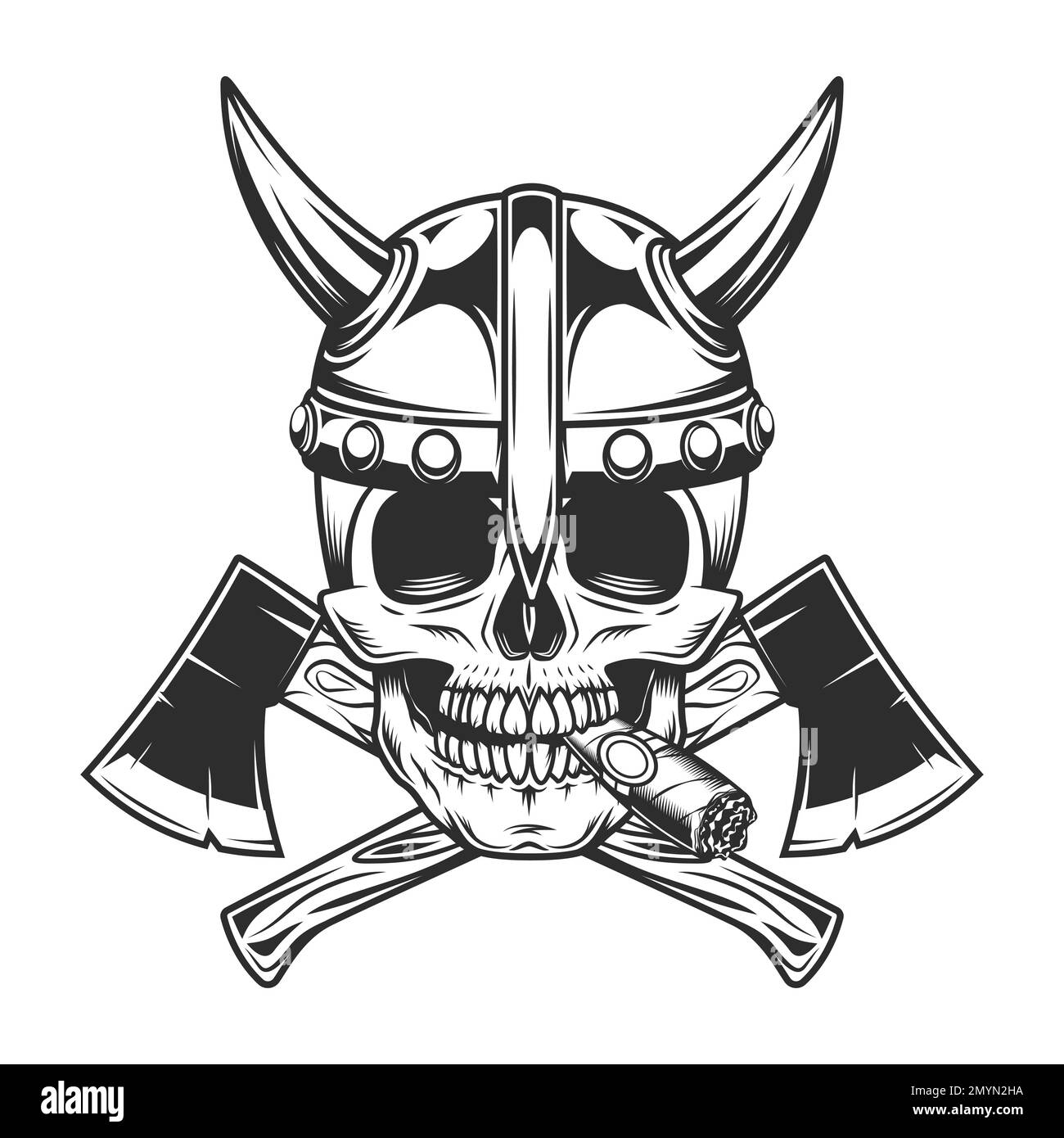 Viking skull smoking cigar or cigarette smoke in horned helmet and crossed metal ax with handle made of wood. Wooden axe construction builder tool Stock Vector