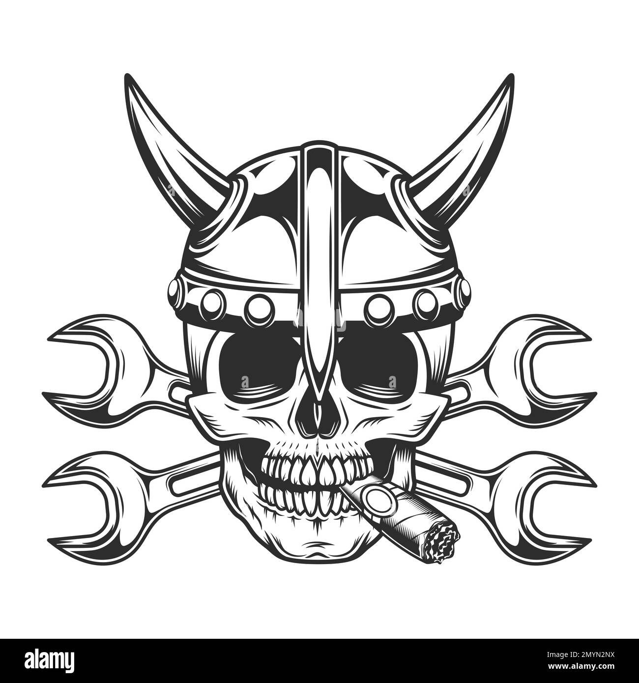 Vintage viking skull smoking cigar or cigarette smoke in horned helmet with body shop service car and truck mechanic repair tool crossed wrench Stock Vector