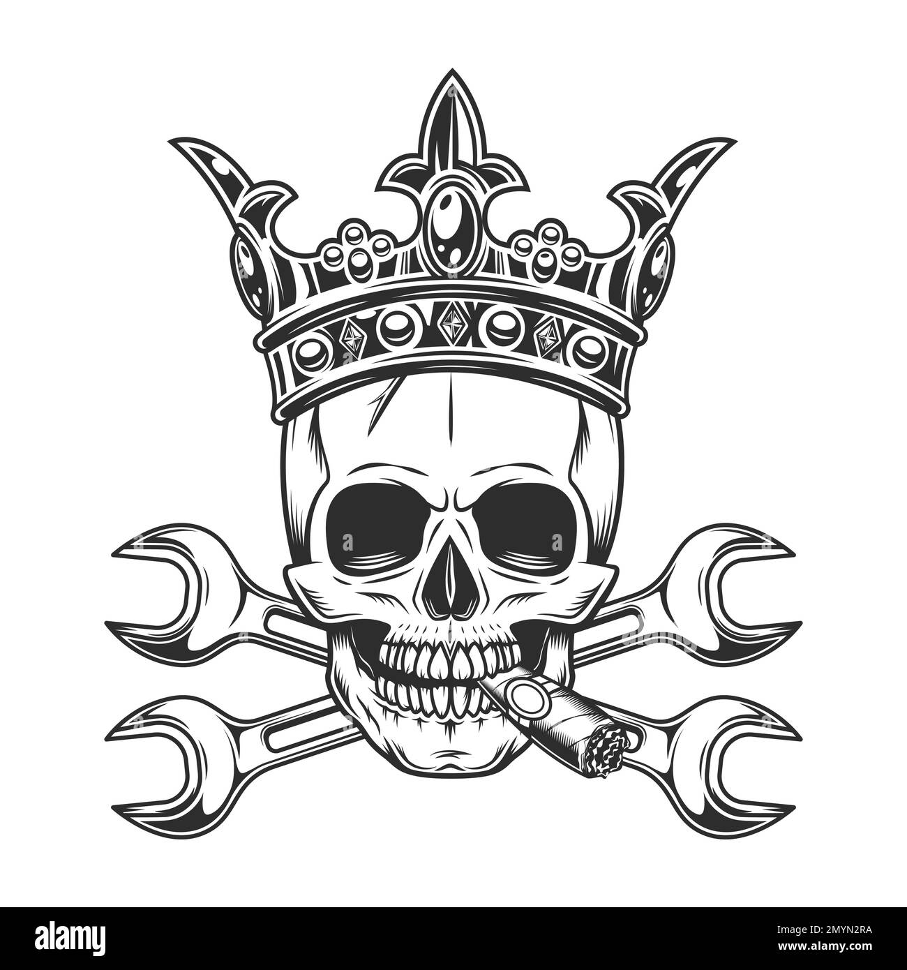 Vintage skull smoking cigar or cigarette smoke in royal crown with body shop service car and truck mechanic repair tool crossed wrench or construction Stock Vector