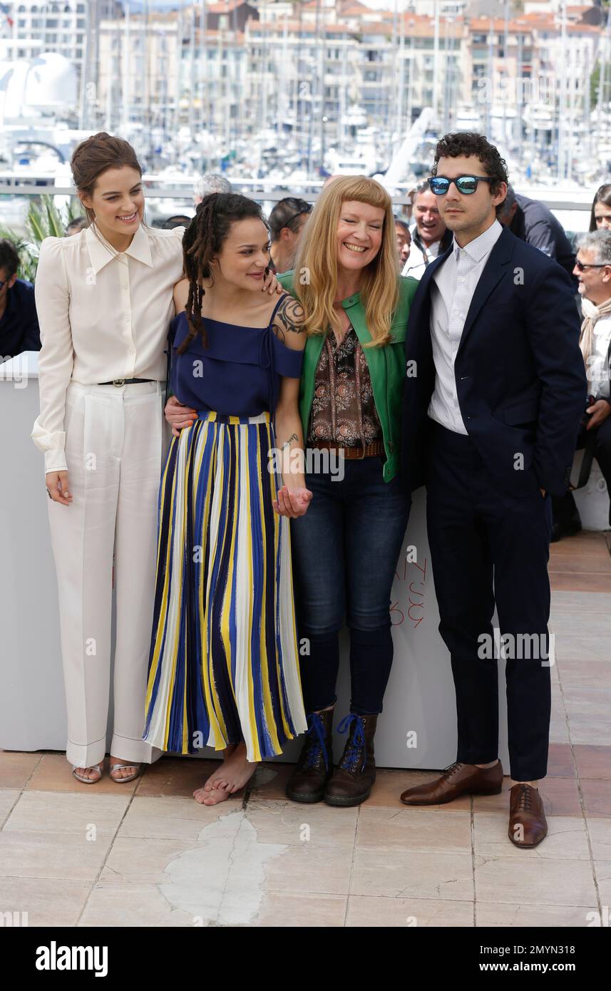 Actors Riley Keough, Sasha Lane, director Andrea Arnold, and Shia 