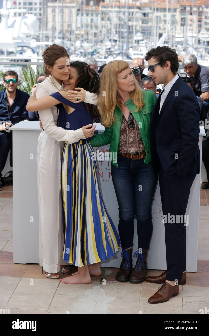 Actors Riley Keough, Sasha Lane, director Andrea Arnold, and Shia 