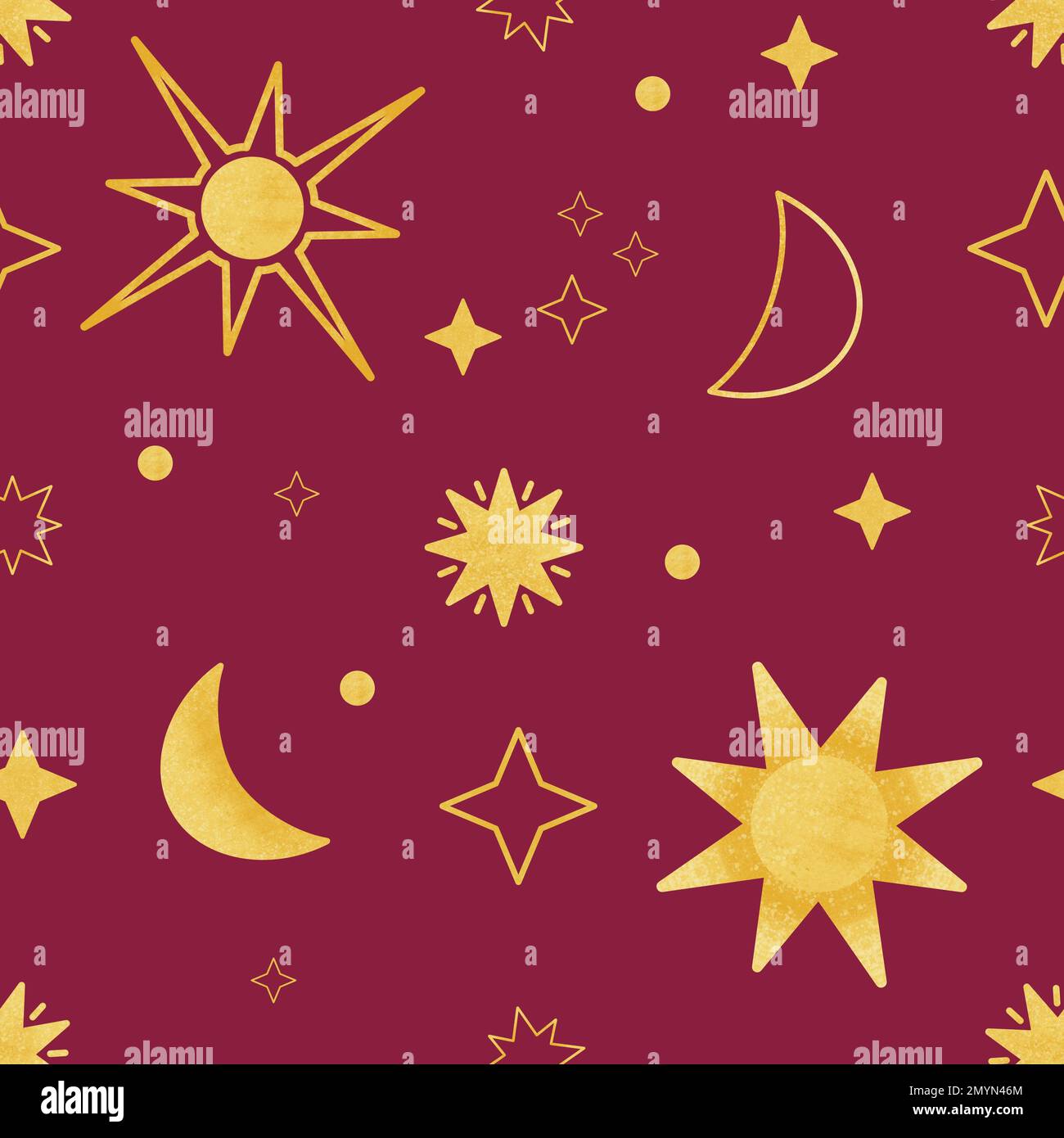 Boho seamless pattern with sun and moon. Spiritual background with hand