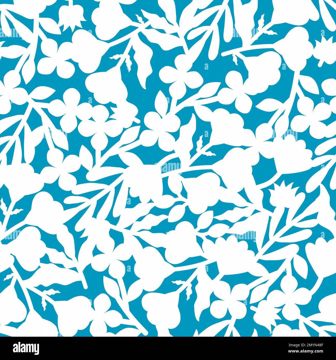 Floral seamless pattern. Silhouettes of flowers on blue background. White and blue fashion print. Stock Photo