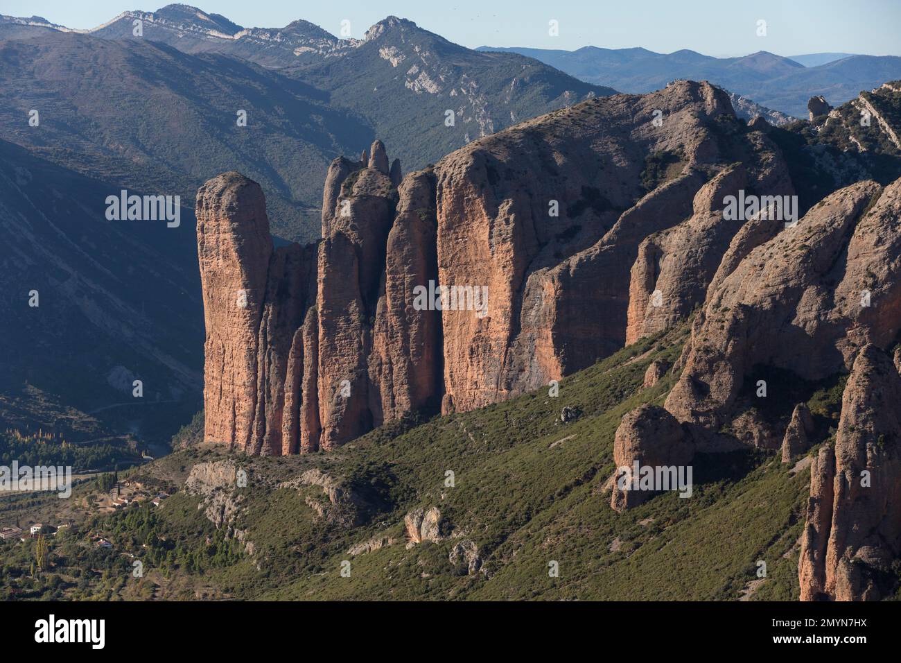 Los Mallos de Riglos, conglomerate rocks, height of the rocks 300m, paradise for climbers, province of Huesca, Aragon, southern edge of the Pyrenees, Stock Photo