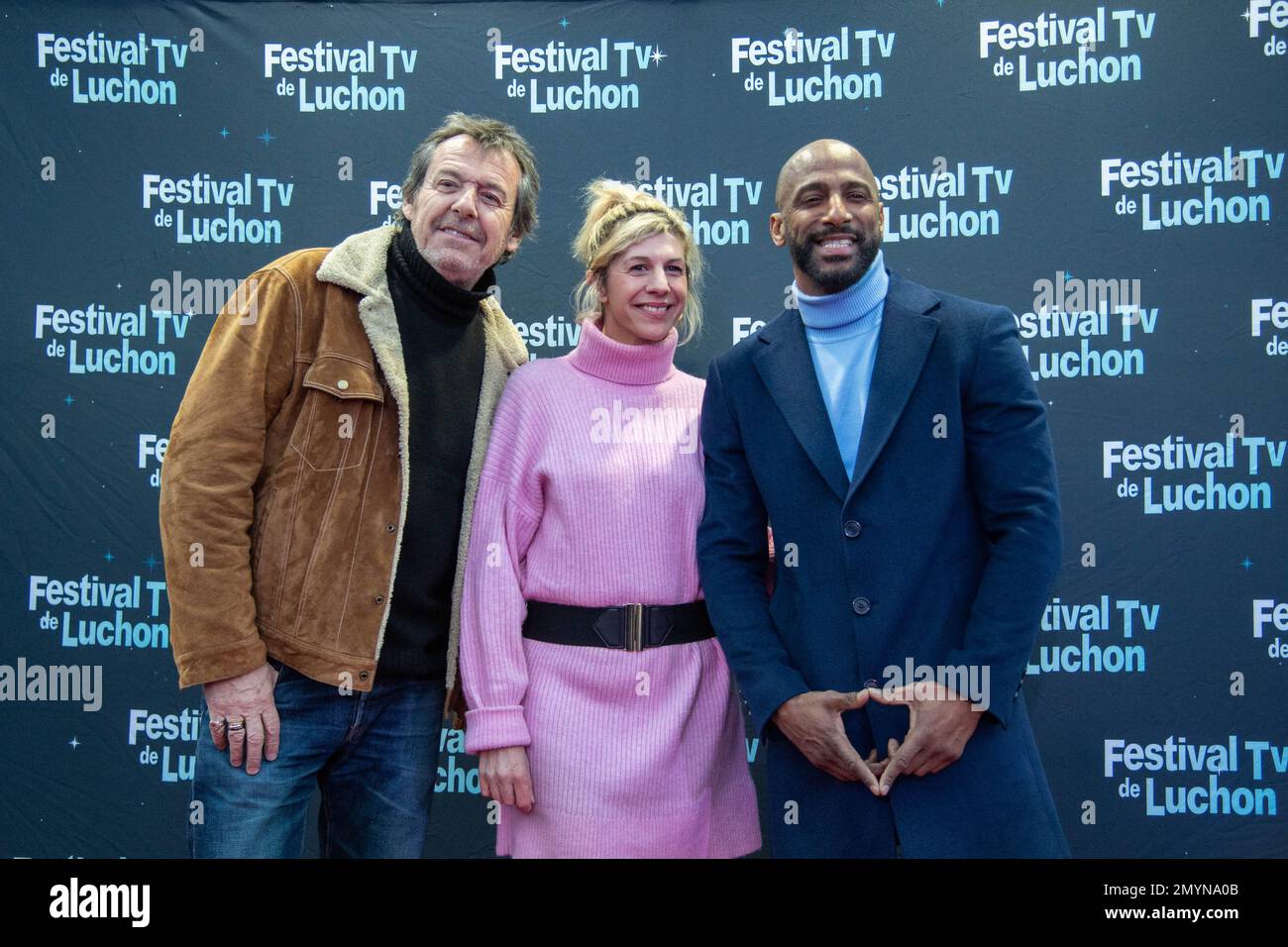 Jean Luc Reichmann, Juliette Tresanini and Stomy Bugsy attending the Leo  Mattei Photocall during the 25th Luchon TV Festival (Festival TV de Luchon)  in Luchon, France on February 04, 2023. Photo by