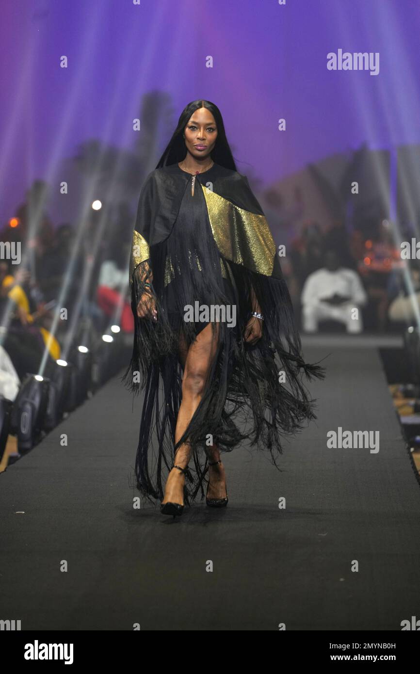 British model Naomi Campbell displays an outfit by designer Tiffani ...