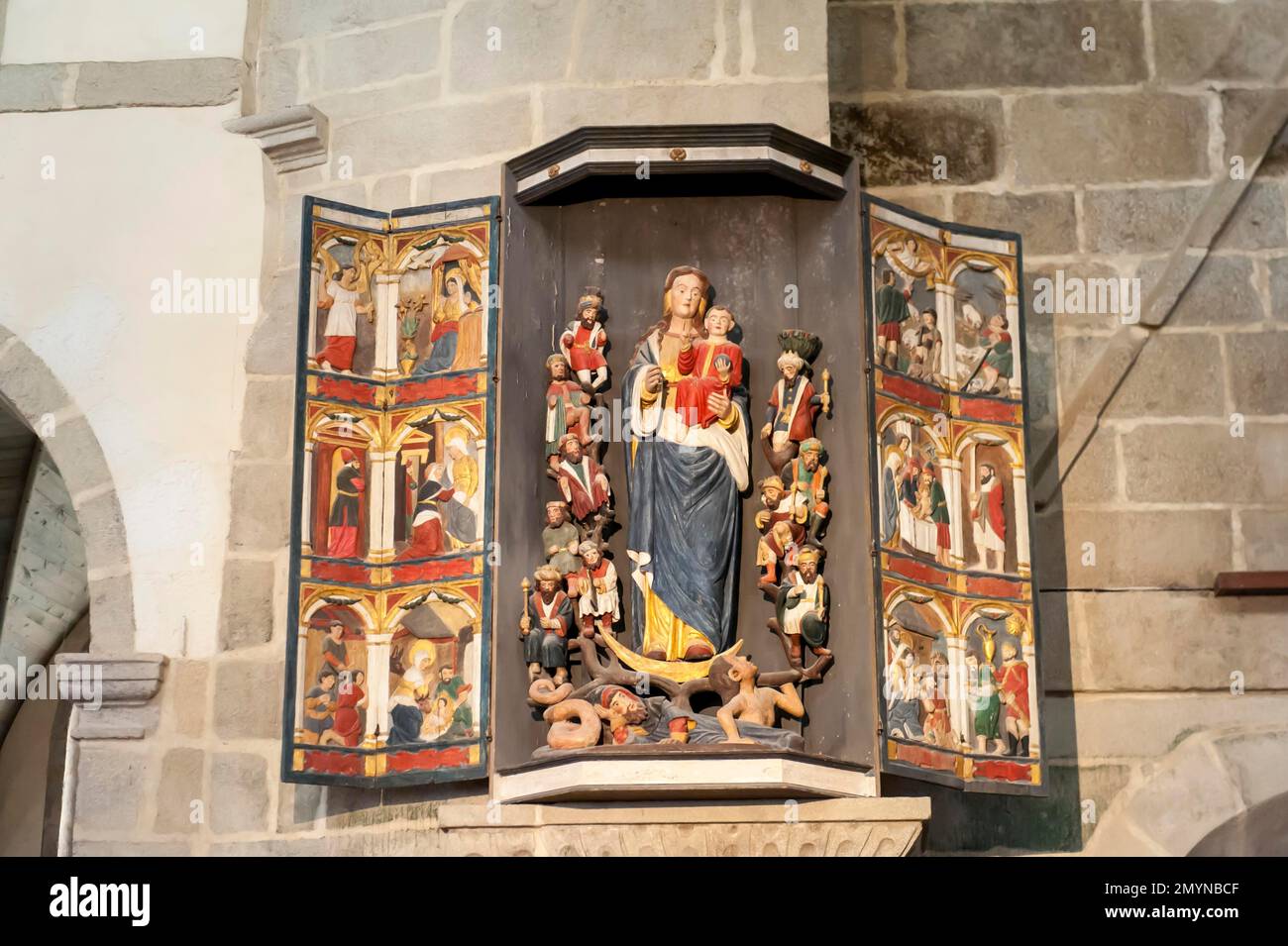 Colourfully painted wooden wall cabinet, triptych, Madonna and Child Notre-Dame de Bon Secours, Our Lady of Good Help, interior, Notre-Dame Catholic p Stock Photo