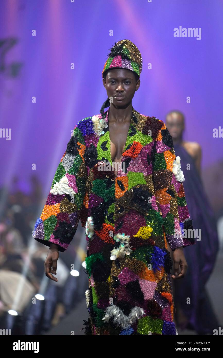 A model displays an outfit by designer Tiffani Amber during the ARISE ...