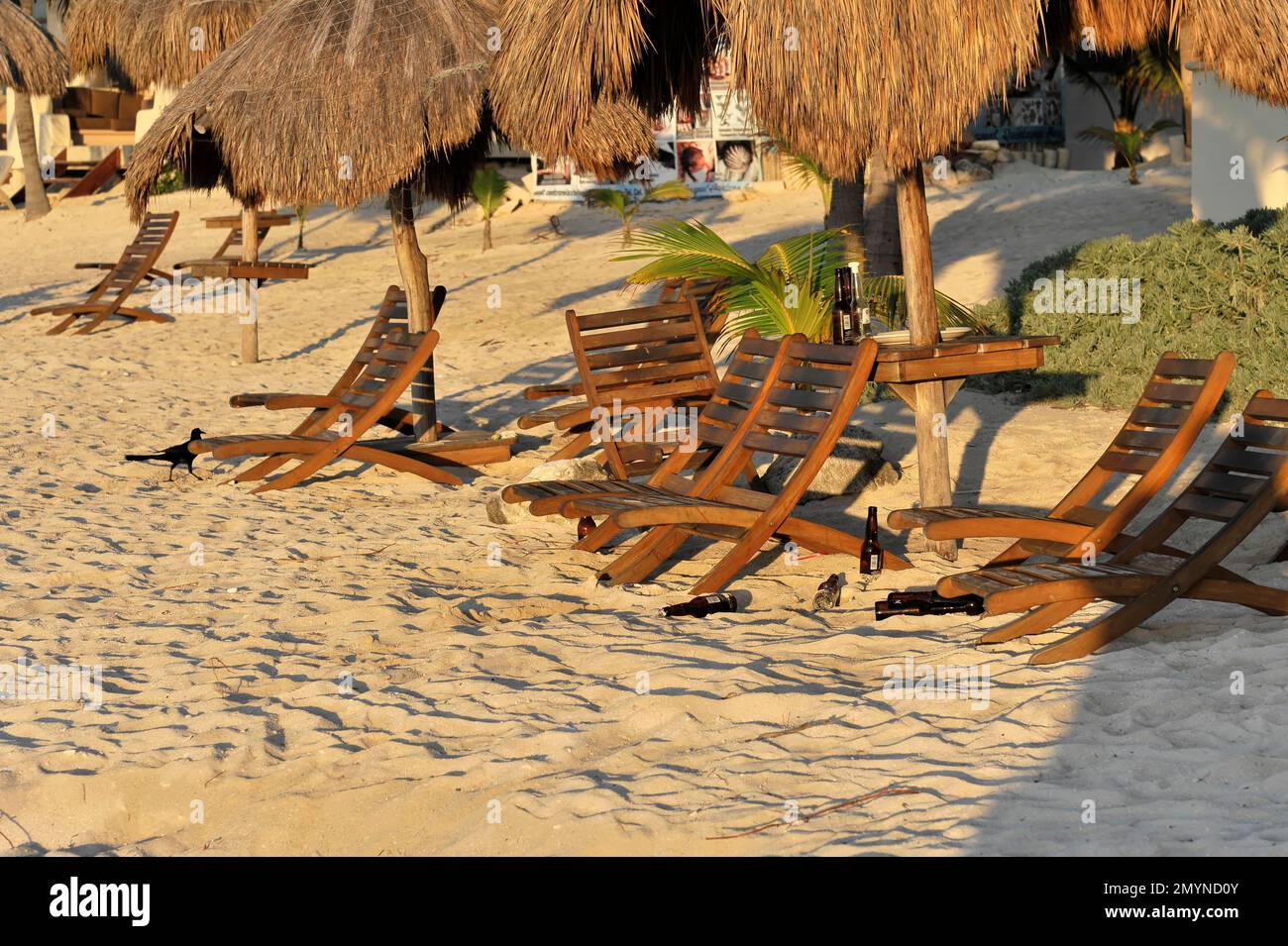 Morning on the beach, empty bottles, chairs, Playa del Carmen, Cancun, Quintana Roo, Yucatan