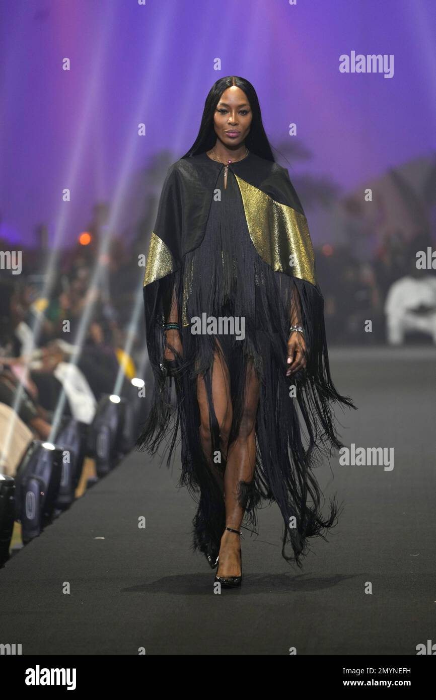 British model Naomi Campbell displays an outfit by designer Tiffani ...