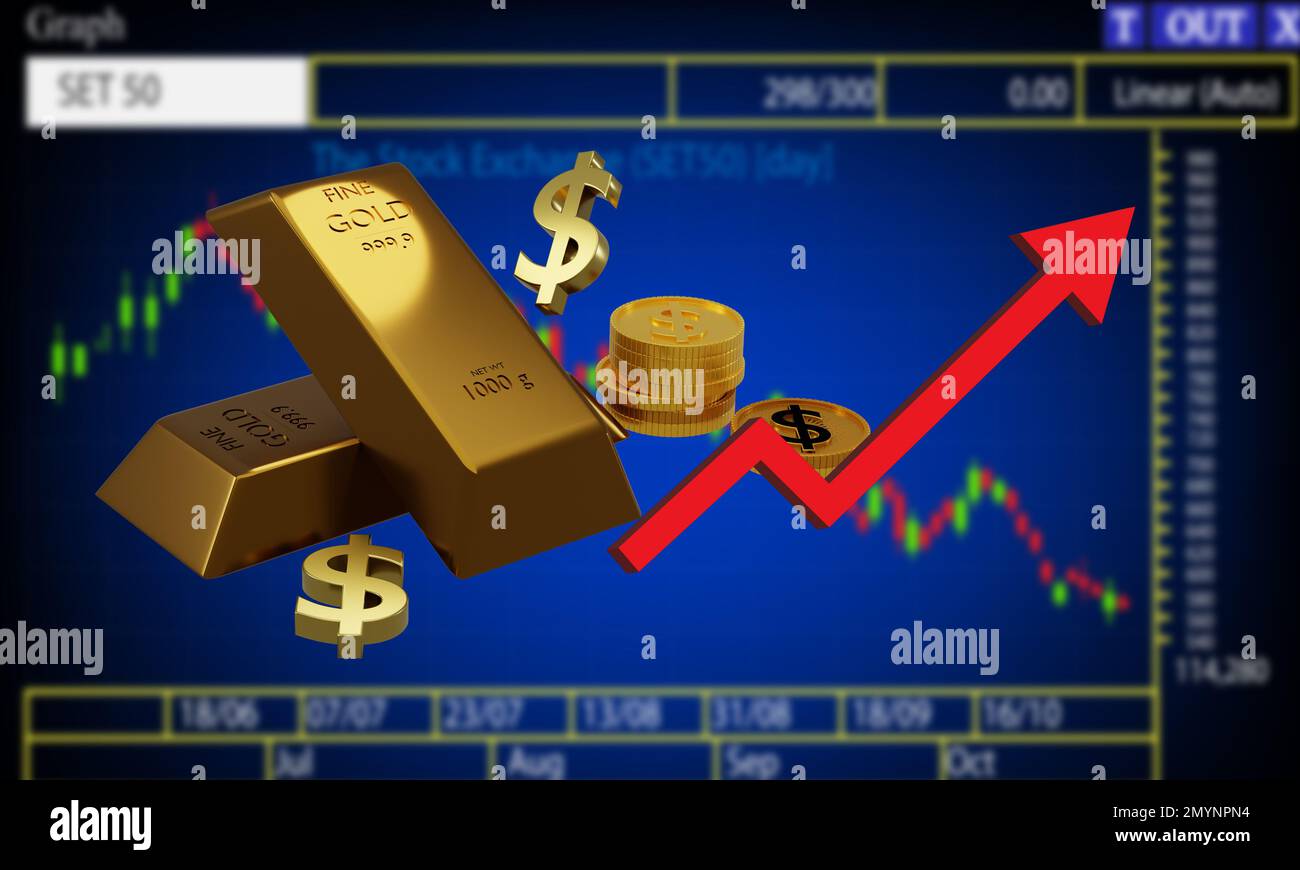 3d rendering illustration of gold bar and dollar sign with blurred ...