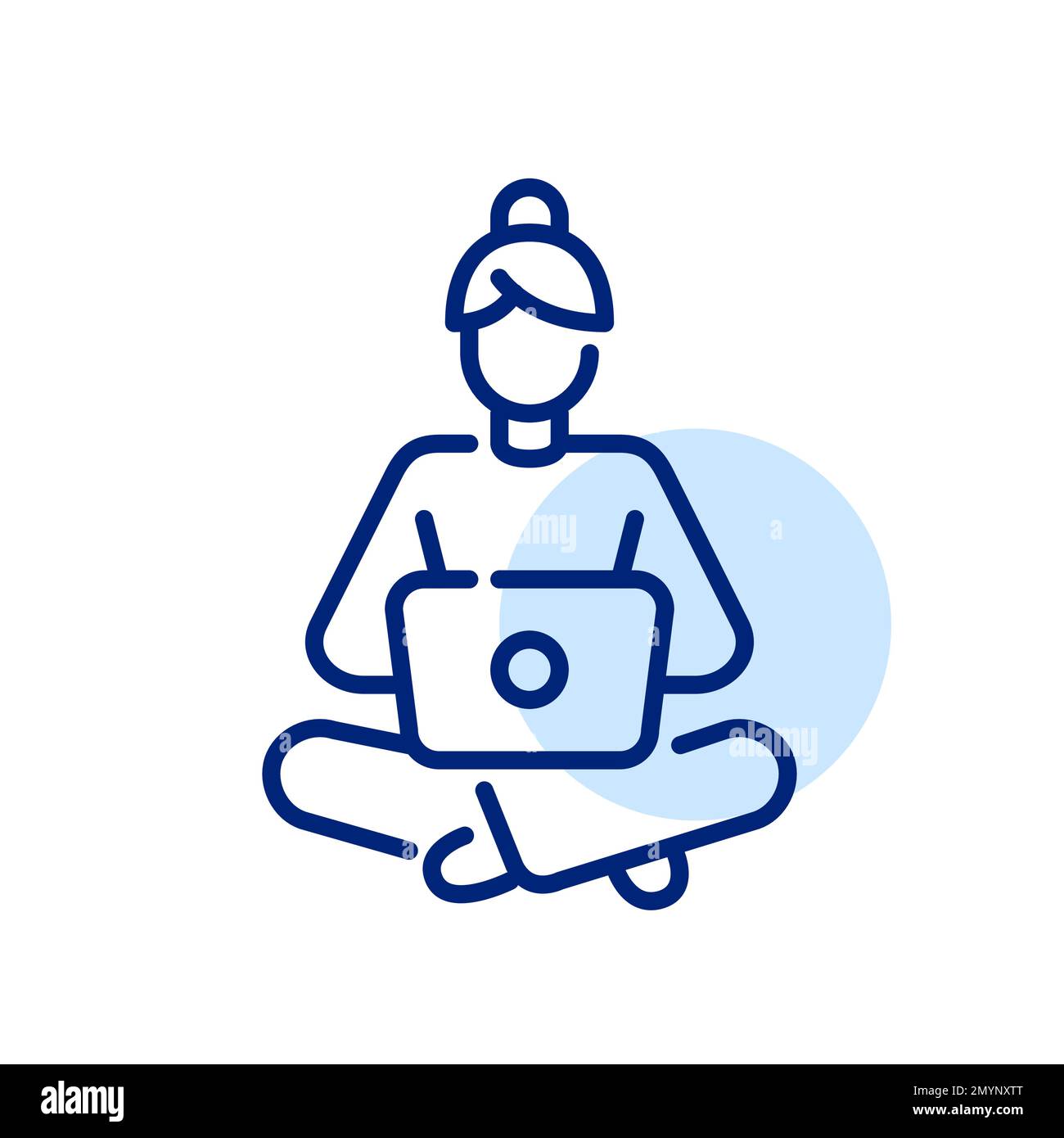 Cozy home office. Girl in pyjamas sitting with a laptop on her knees. Pixel perfect, editable stroke line icon Stock Vector