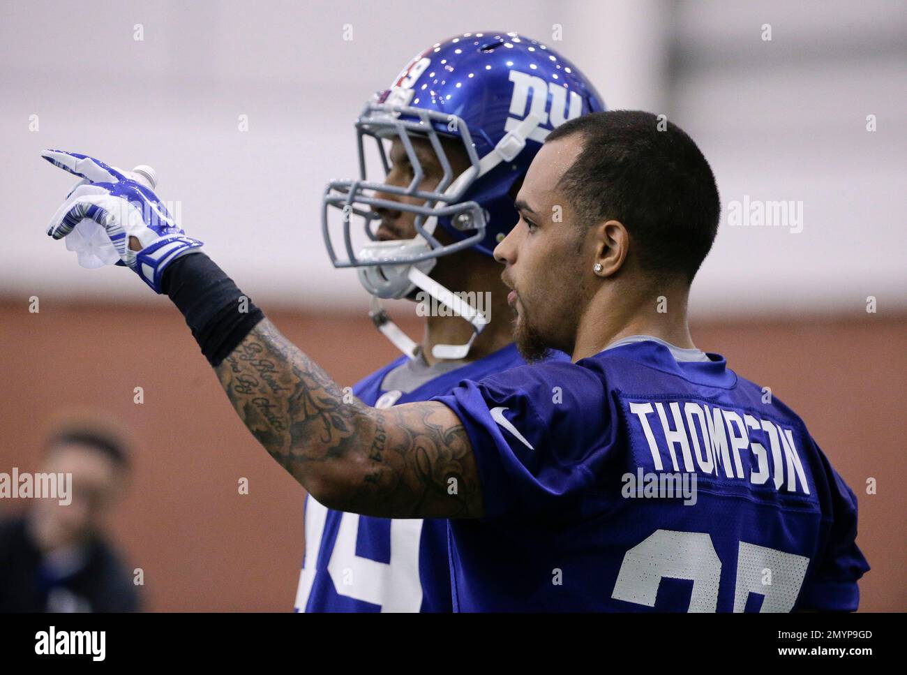 New York Giants safety Darian Thompson, right, talks with safety Xavier  Walker during NFL football rookie camp, Friday, May 6, 2016, in, East  Rutherford, N.J. (AP Photo/Julie Jacobson Stock Photo - Alamy