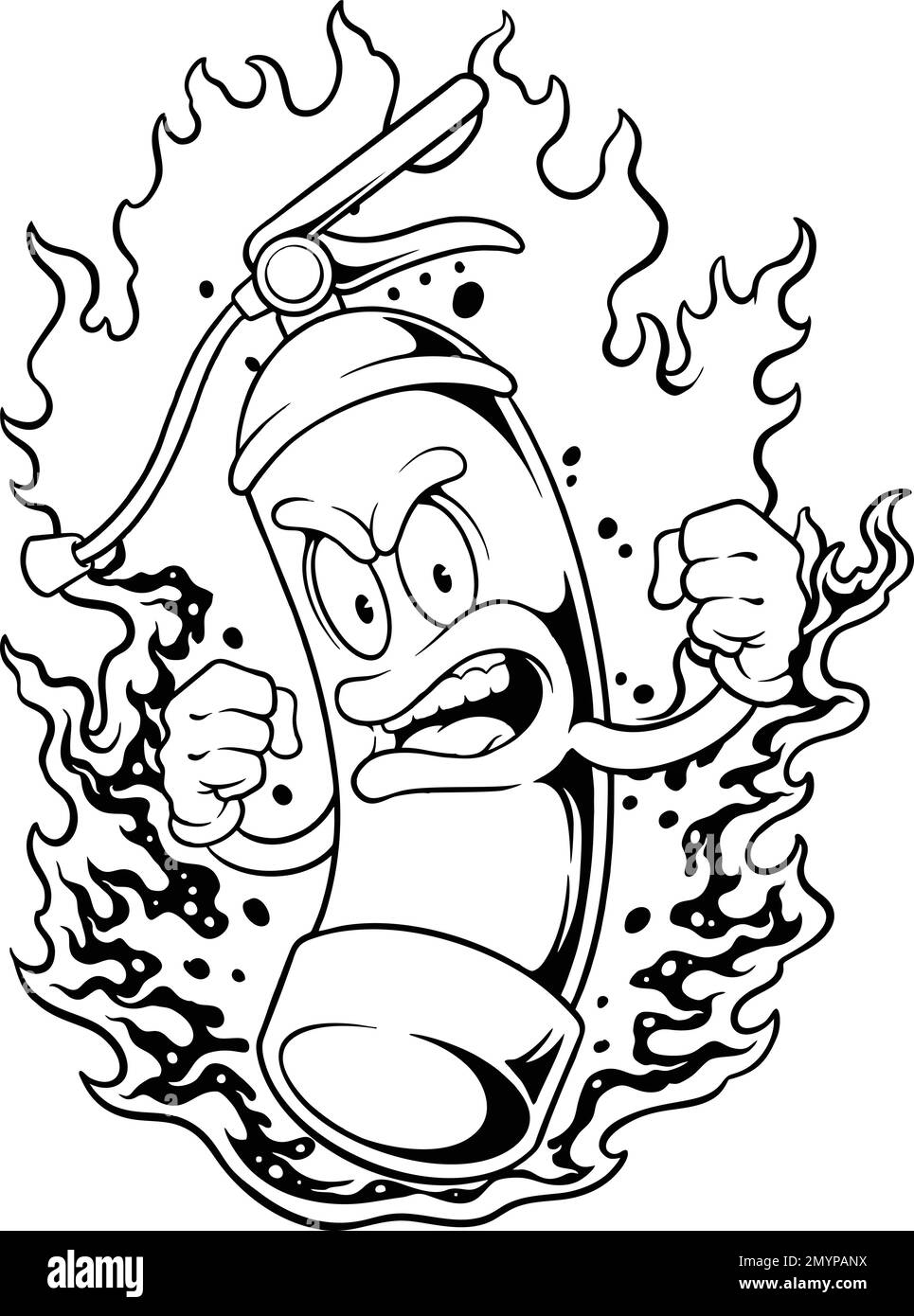 Evil fire extinguisher mascot cartoon monochrome vector illustrations for your work logo, merchandise t-shirt, stickers and label designs, poster Stock Vector