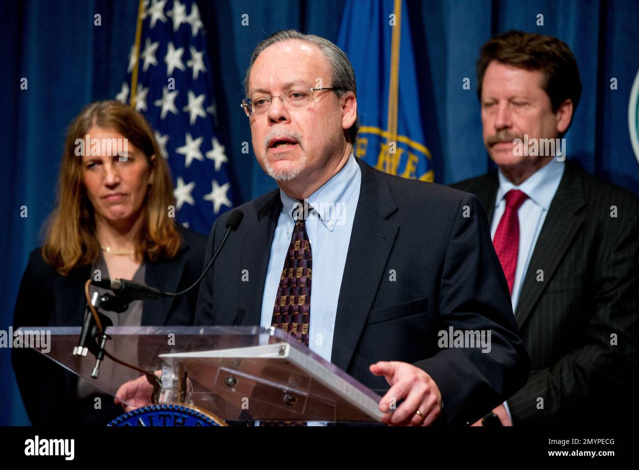 Food and Drug Administration (FDA) Center for Tobacco Products Director  Mitch Zeller, center, accompanied by Health and Human Services Secretary  Sylvia Burwell, left, and FDA Commissioner Dr. Robert Califf, speaks during  a